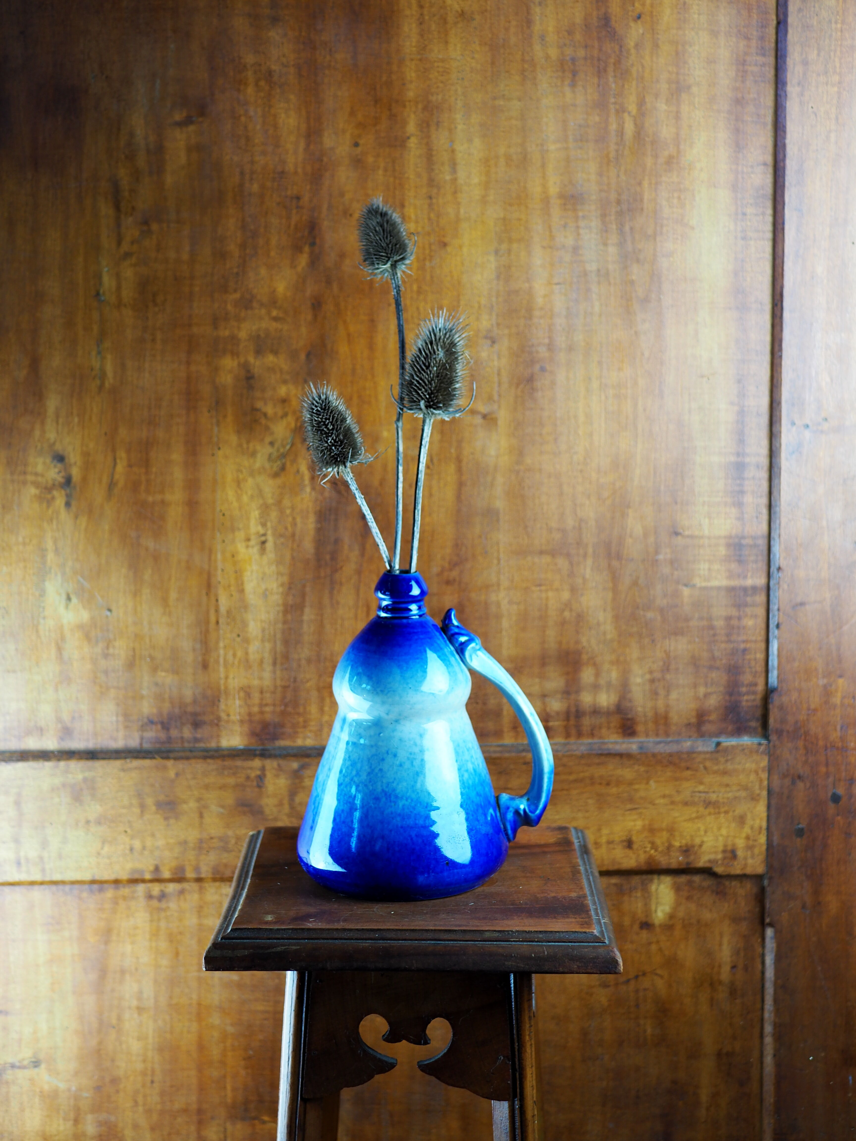 Conical jug with blue glaze and elaborate handle - folk art - early twentieth century