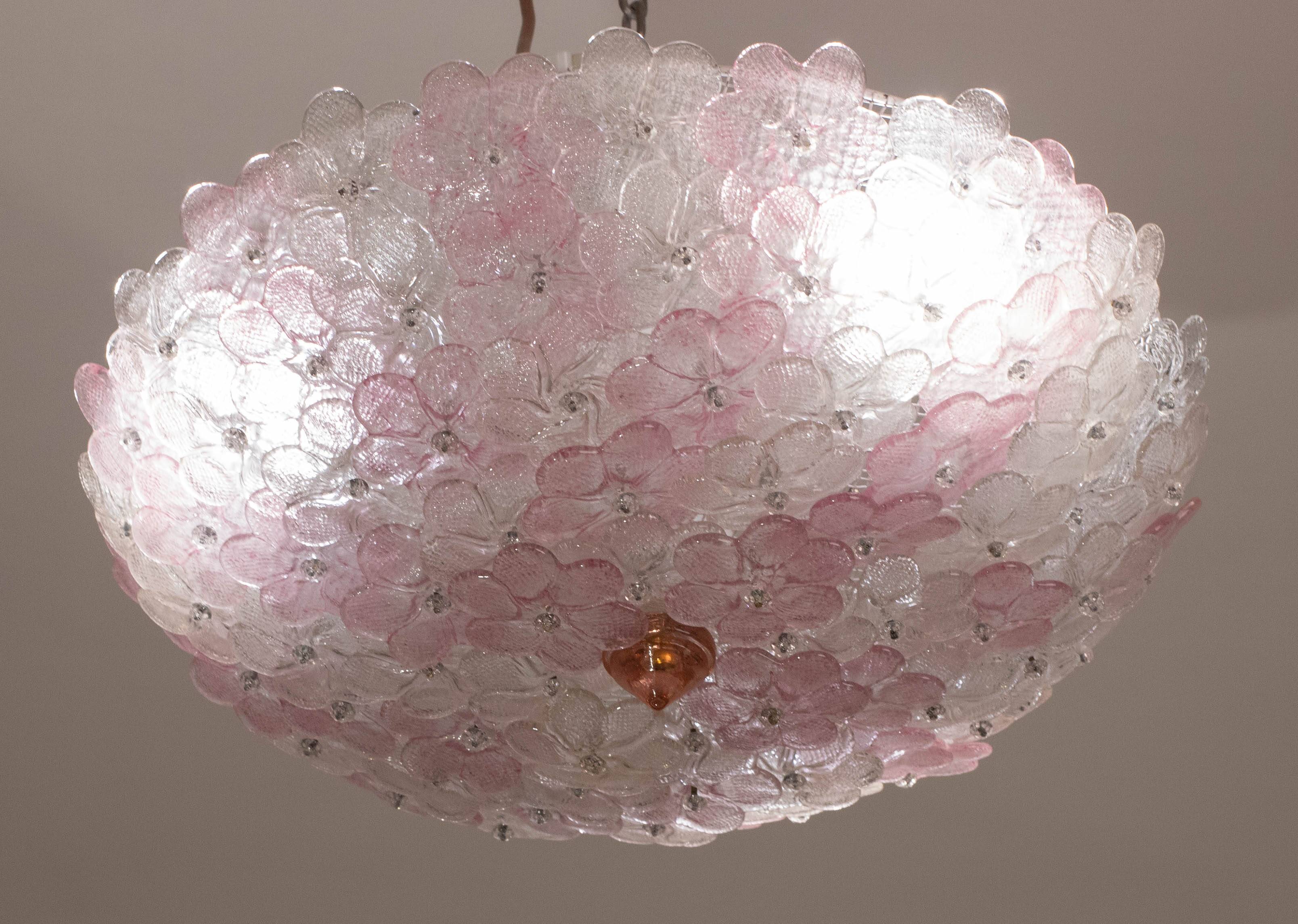Charming Large Size Murano Ceiling Light Pink Flower by Seguso for Venini,