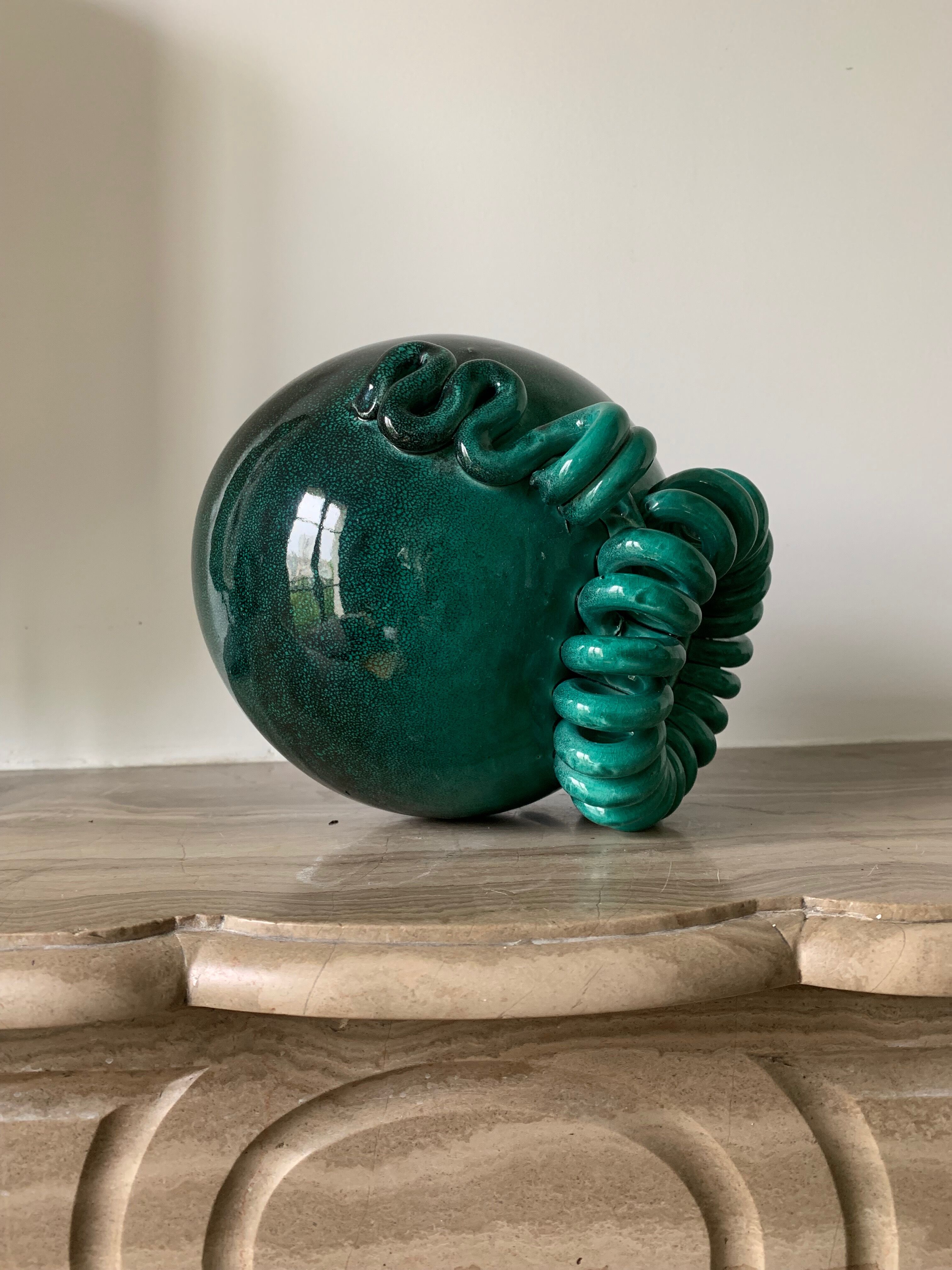 Vase ball enamelled green Gustave Asch for Primavera model ball called Sainte Radegonde