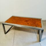 Vintage coffee table in elm burl and stainless steel base – Design 1970