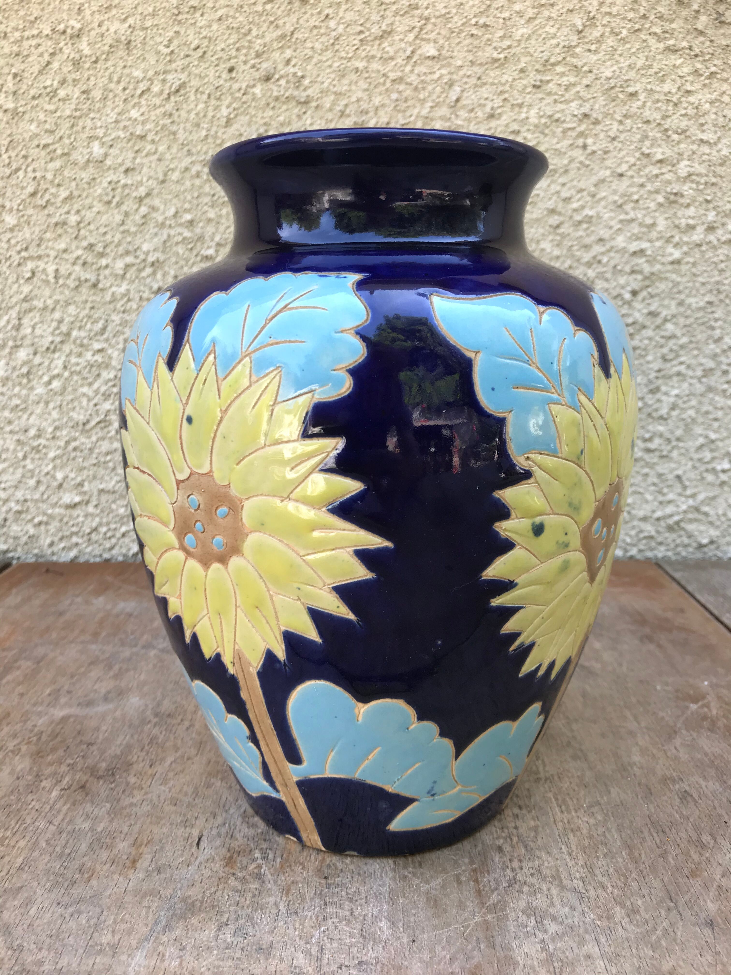 Ancient Blue Enamelled Ceramic Vase Decor Yellow Flowers 60s Vintage