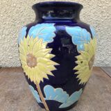 Vase céramique émaillée bleue décor fleurs jaune années 60 vintage