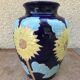 Ancient Blue Enamelled Ceramic Vase Decor Yellow Flowers 60s Vintage
