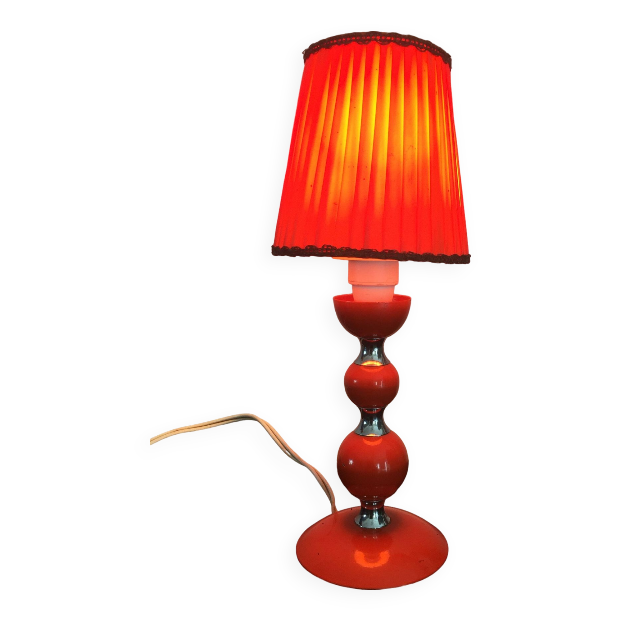 vintage table lamp - orange - metal and nylon lampshade -