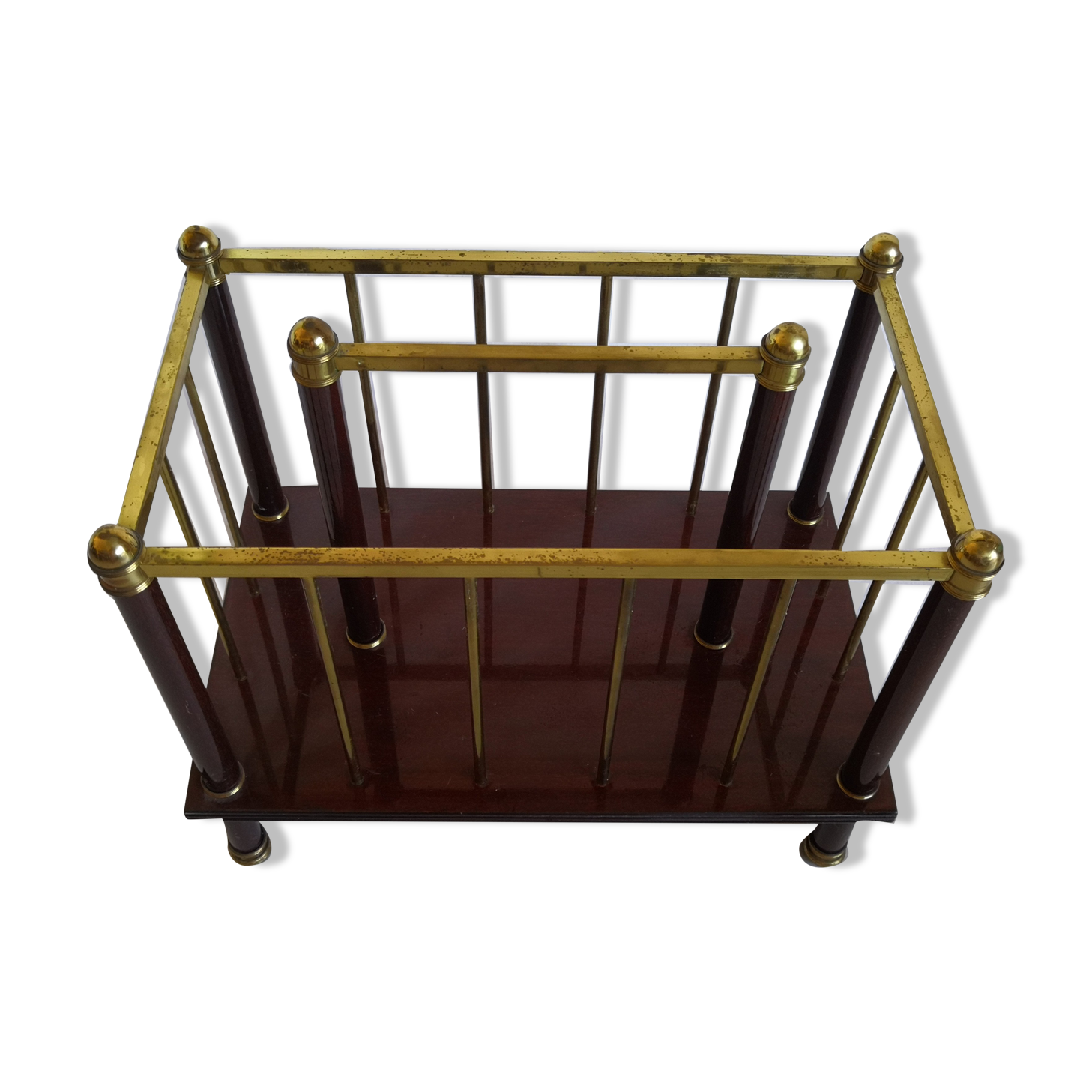 Magazine holder or vintage wood & brass bottles