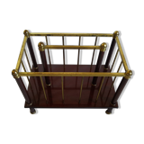 Magazine holder or vintage wood & brass bottles