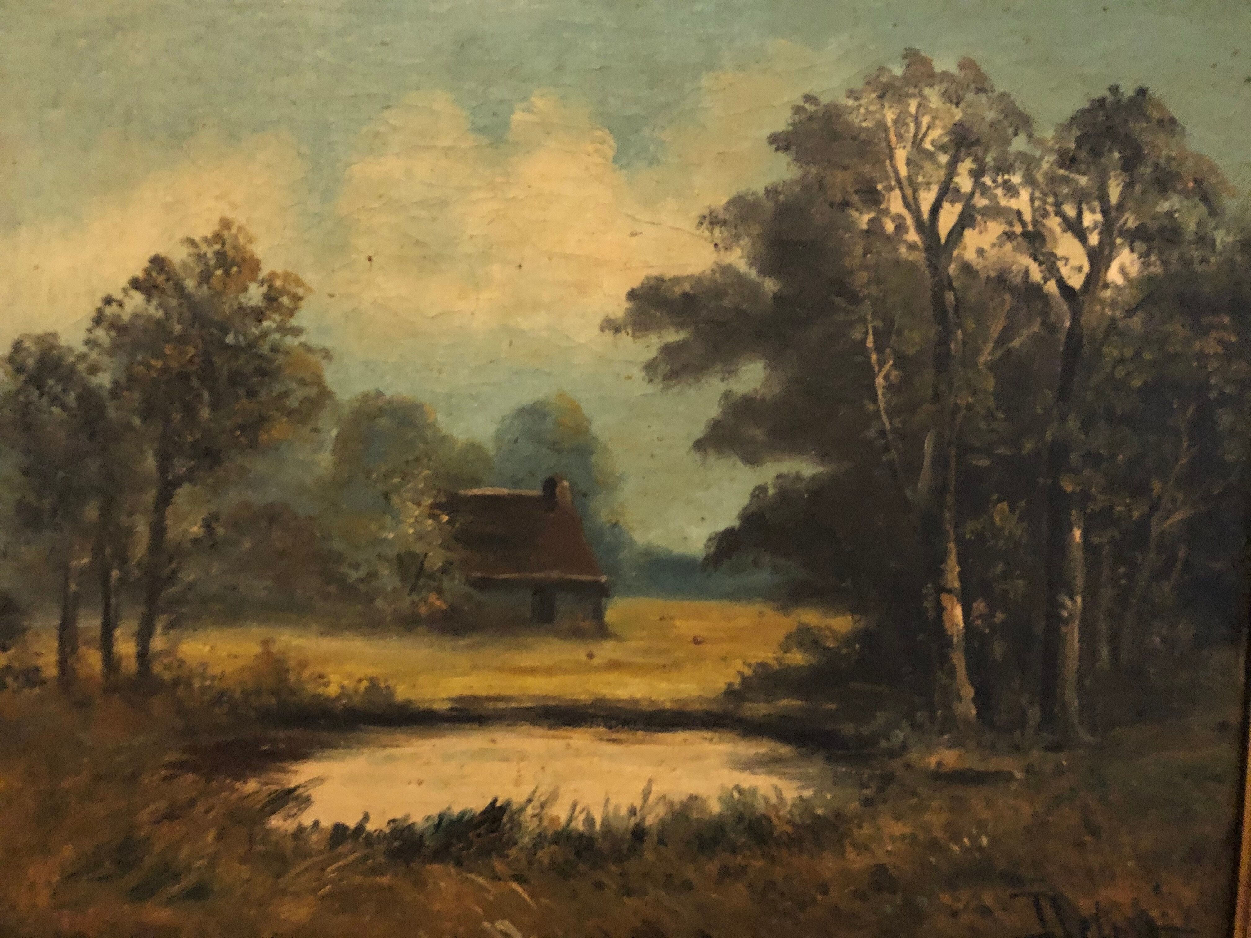 Huile sur toile paysage lacustre