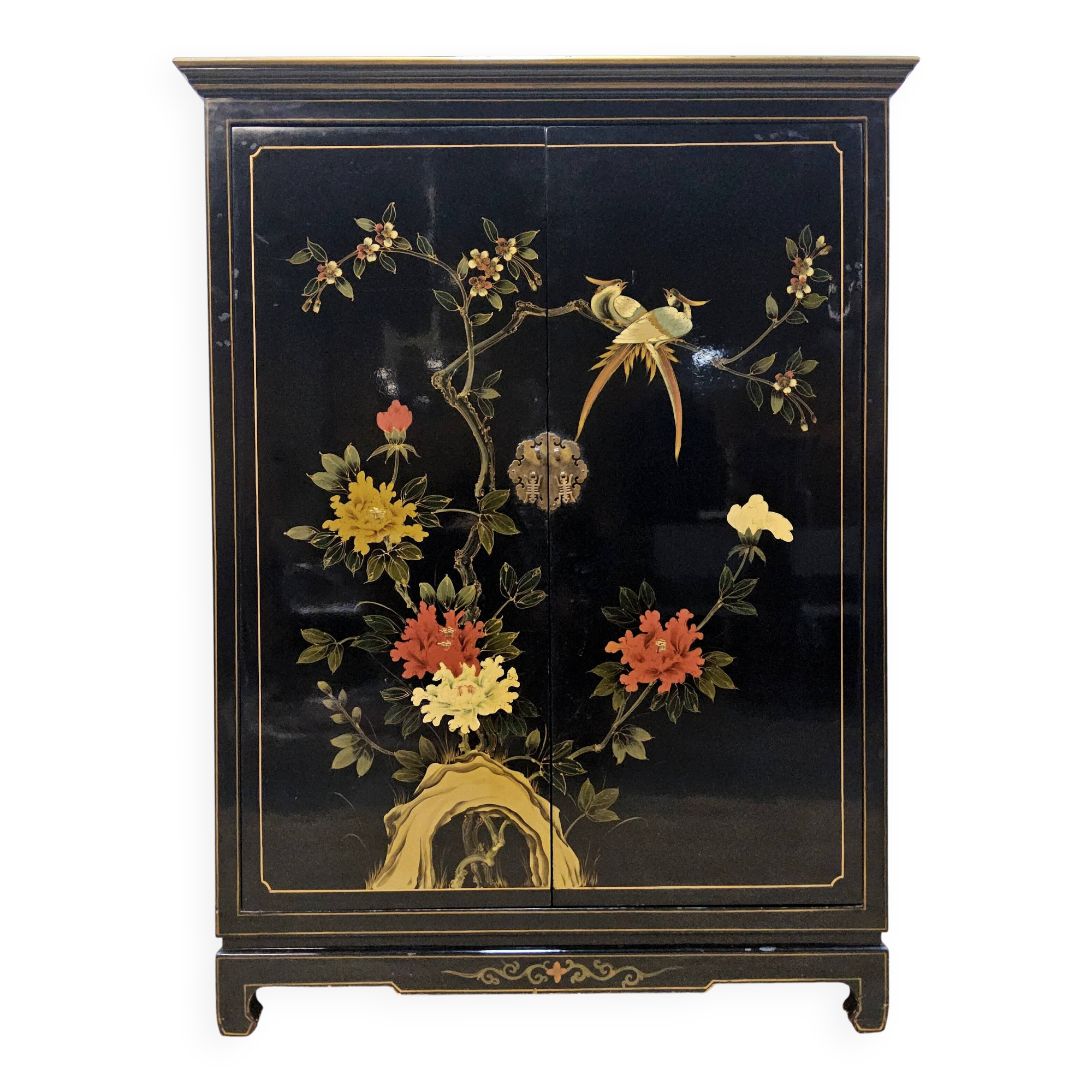 Cabinet vintage chinois laqué noir avec oiseaux et fleurs bohème