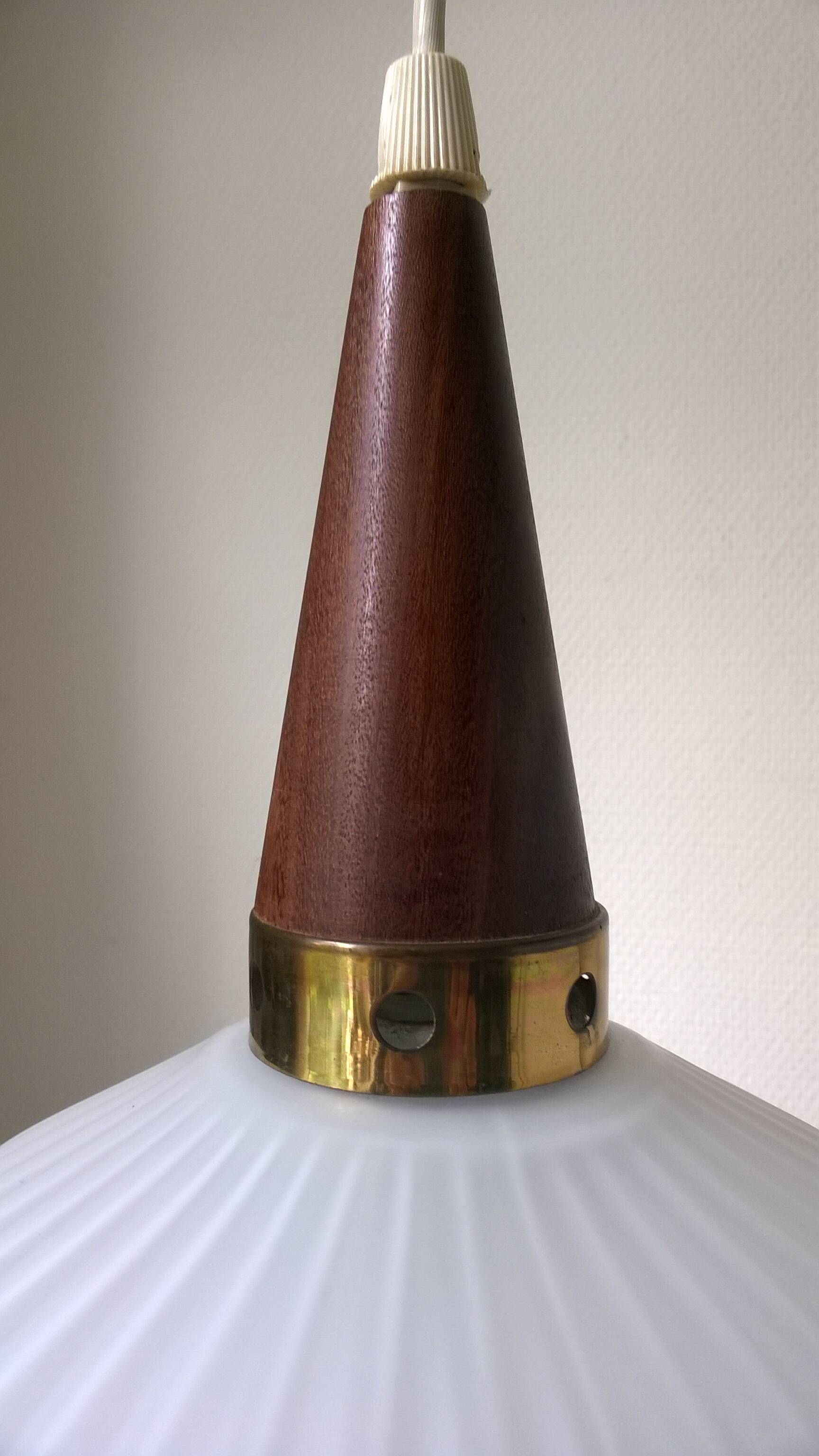 Vintage suspension in opaline, teak and brass by Louis Kalff c.1960