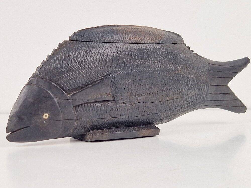 Vintage African Fish Storage Container in Hand-Carved Ebony, 1950s