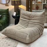 Togo Ligne Roset armchair by Michel Ducaroy in mocha, taupe, and beige bouclette