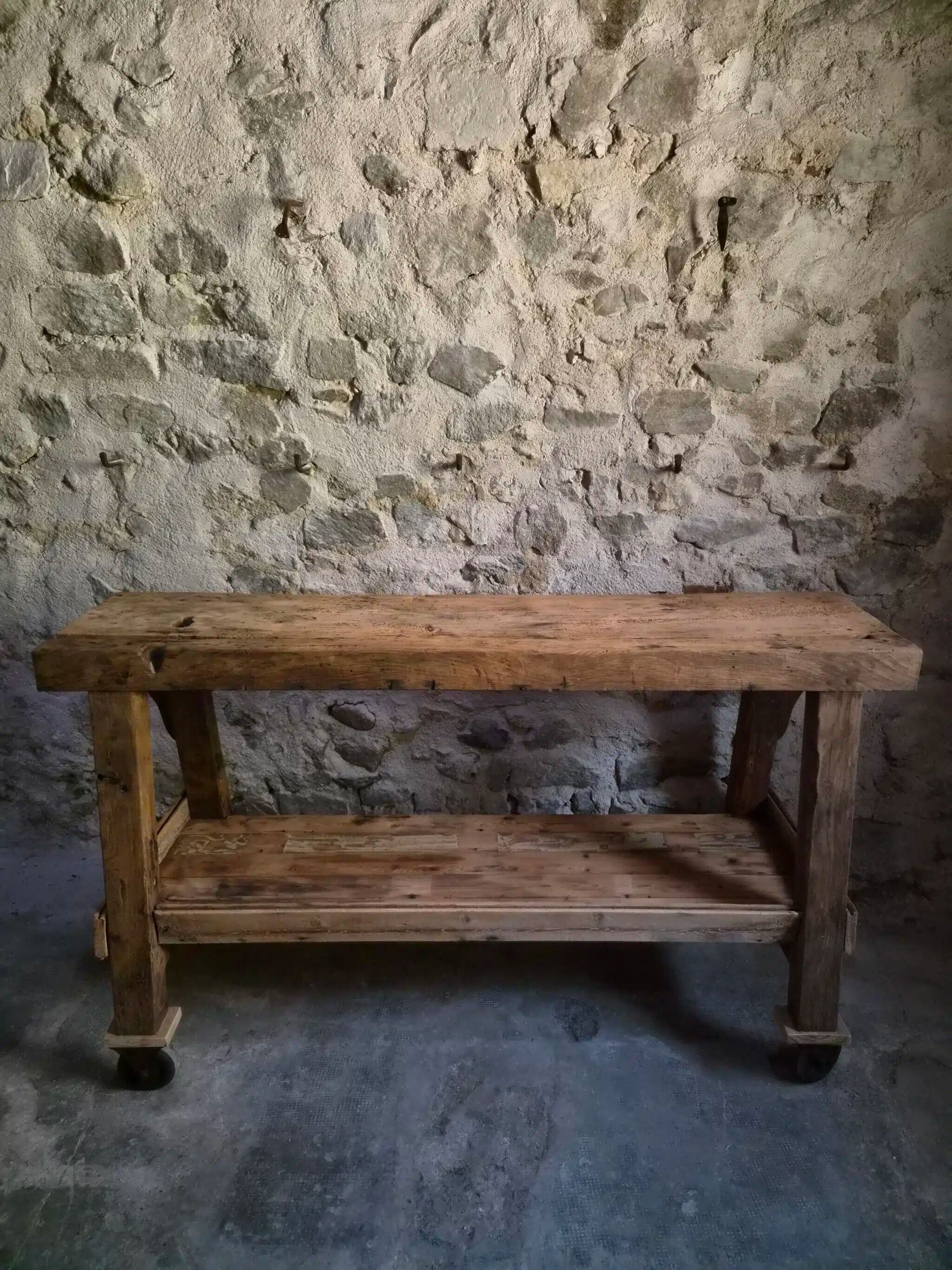 French industrial kitchen island, antique work table in chestnut and oak, circa 1900.