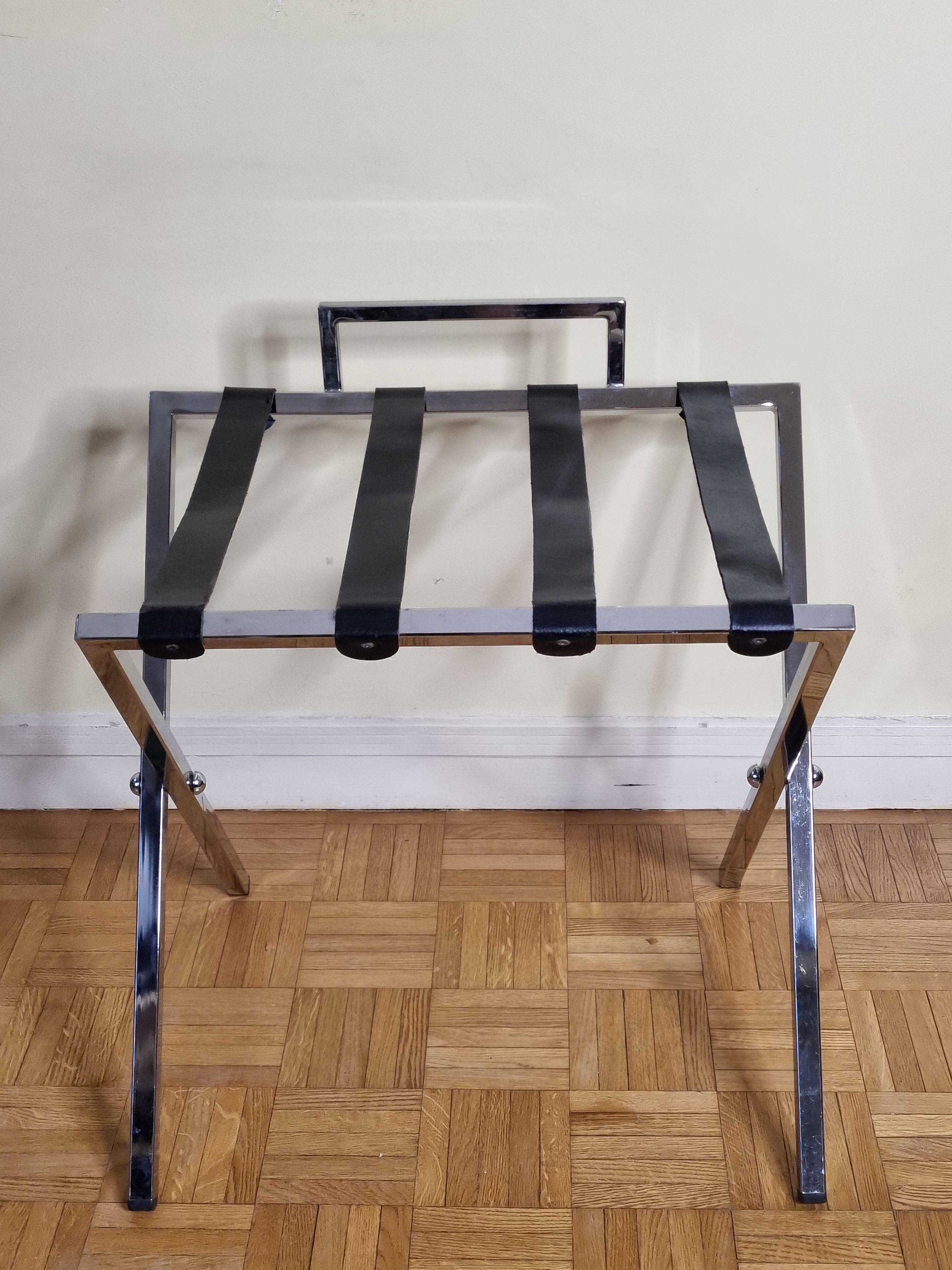 Luggage rack in chrome steel and leather 80s