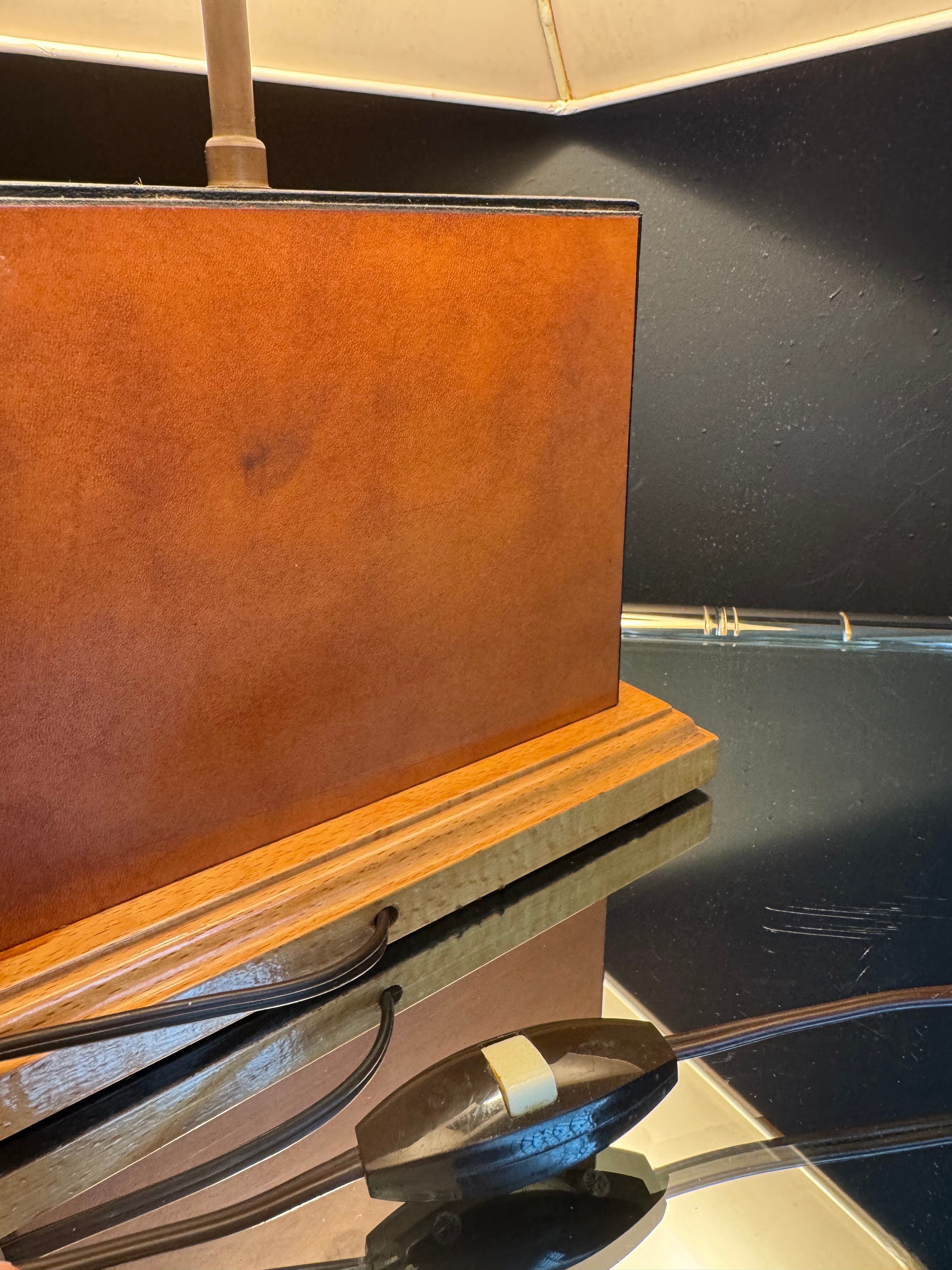 70s leather and wood pagoda lamps