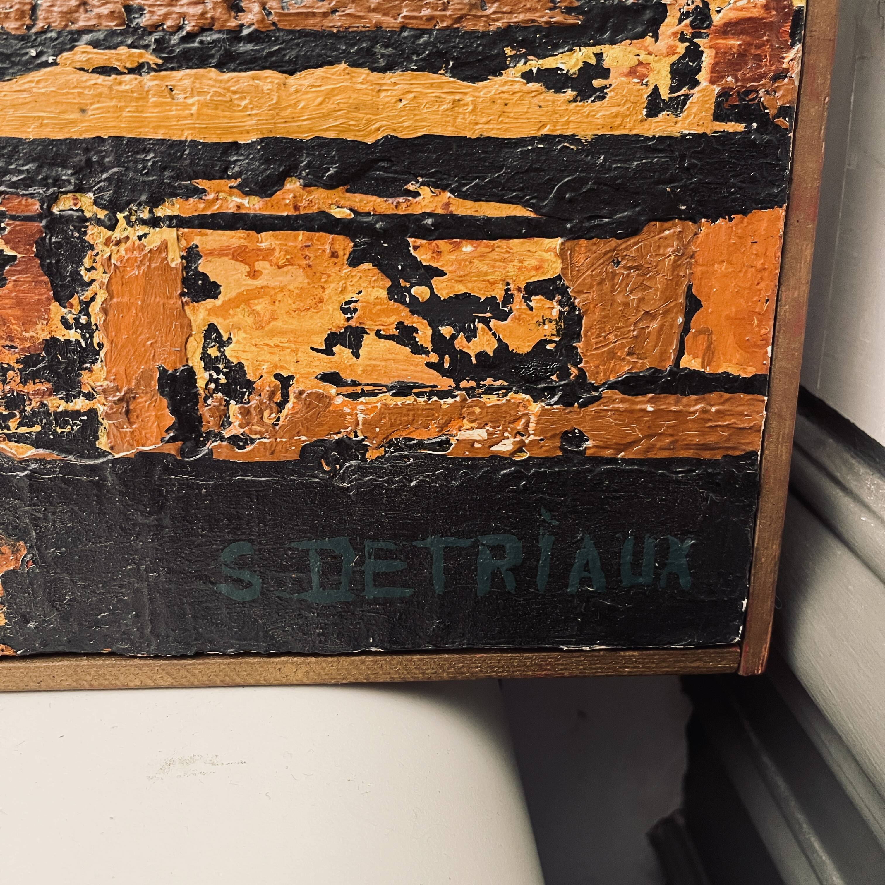 Orange and black abstract painting, oil on panel, Serge Detriaux, 1998