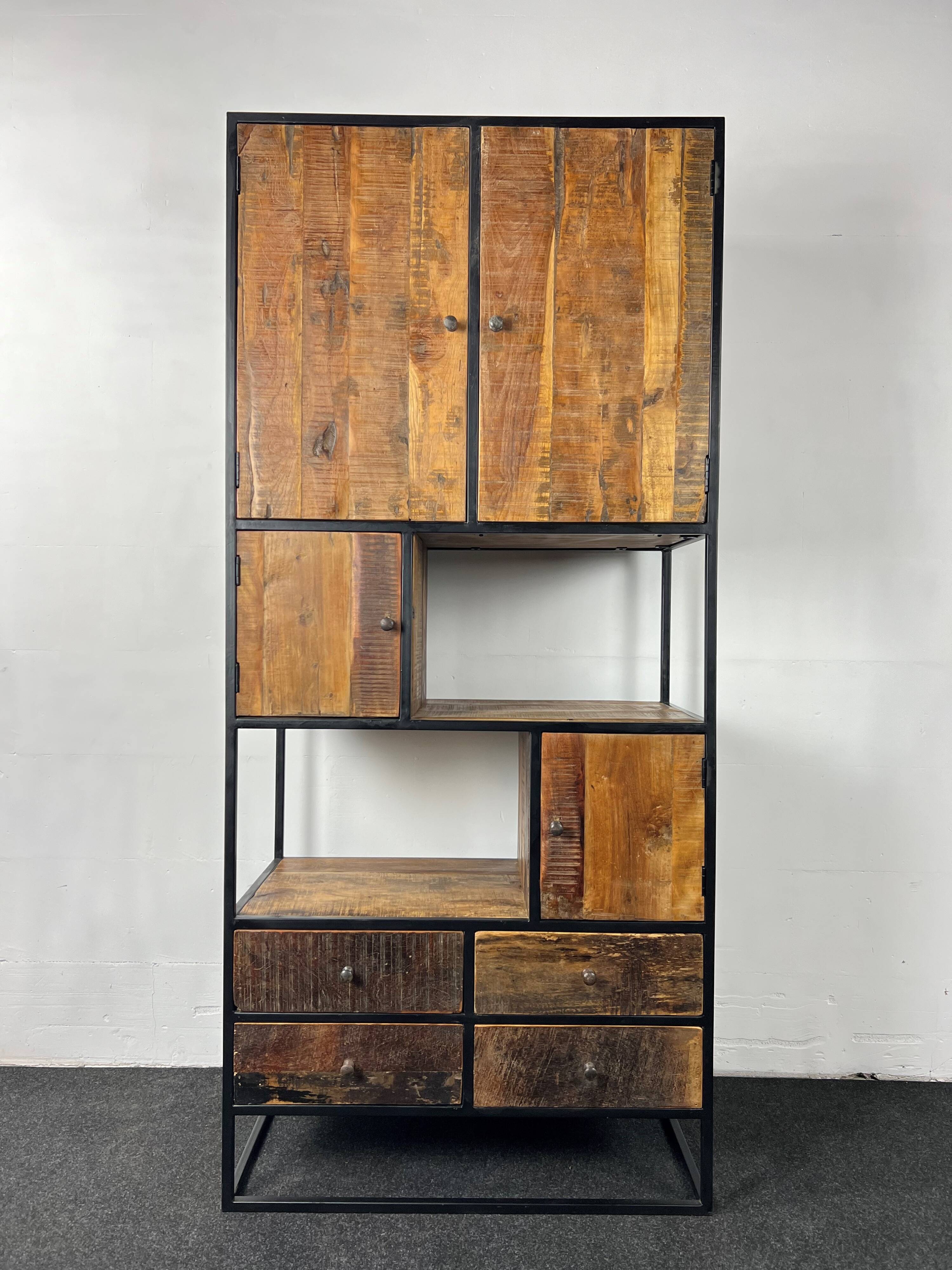 Antique wooden cabinet with black metal structure