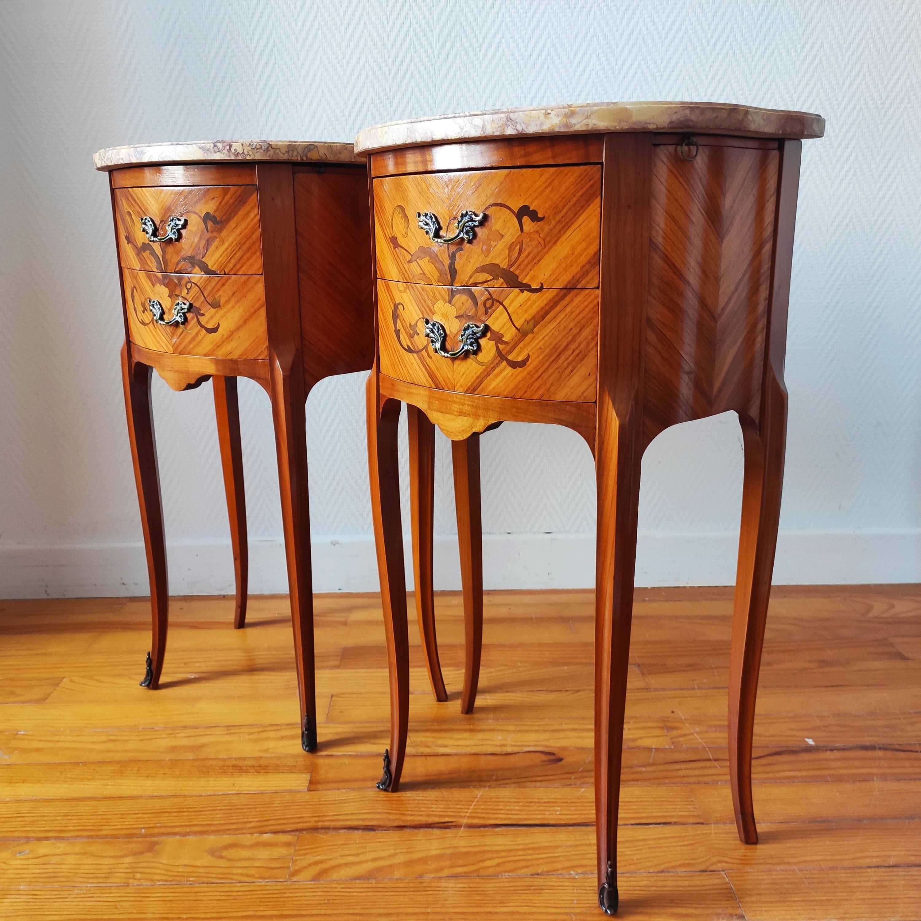Pair of Louis XV style bedside tables with marquetry and marble.