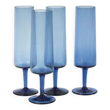 Set de 4 flutes à champagne vintage bleu cobalt - verrerie de Boussu