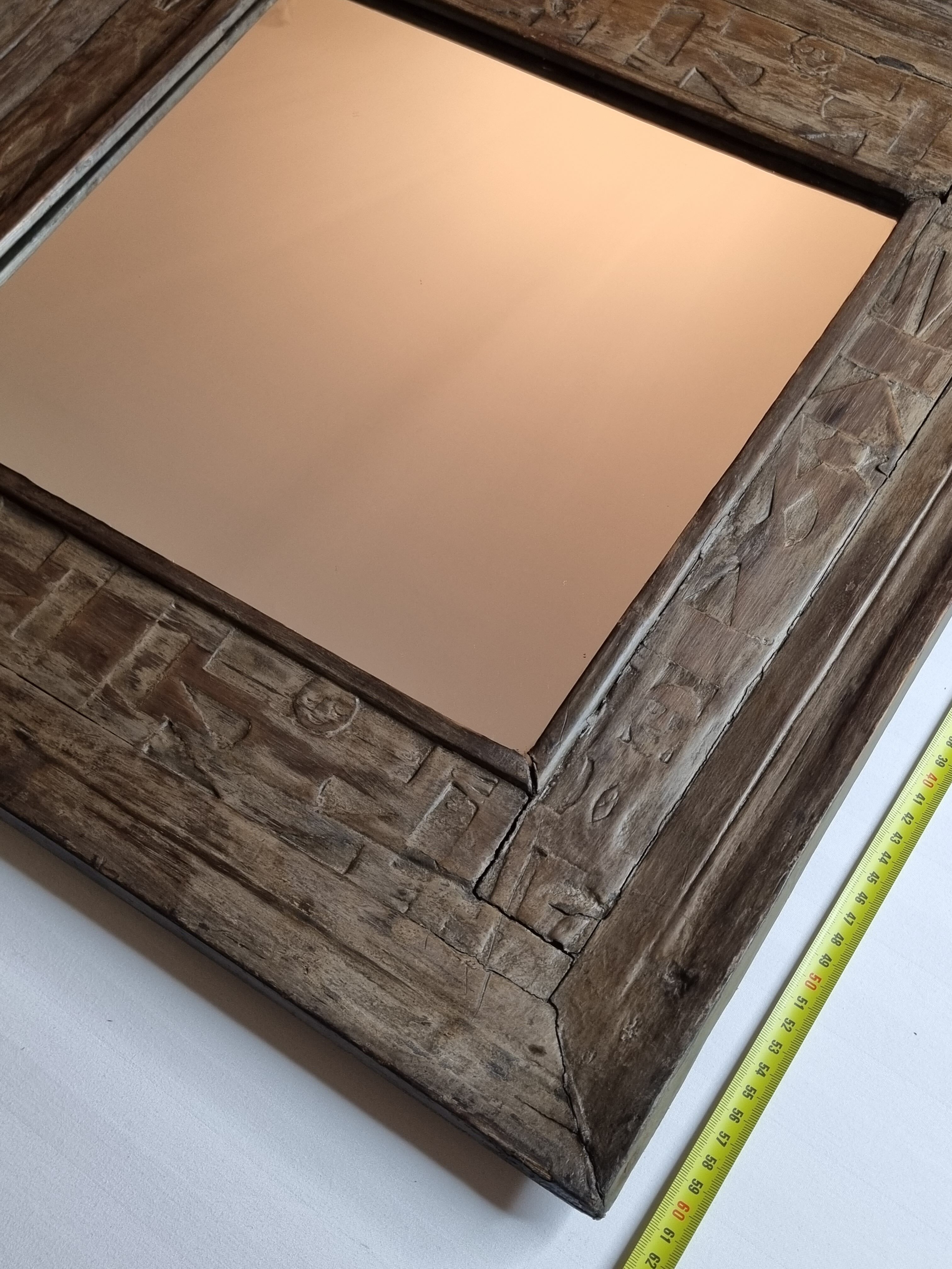 Old ethnic mirror in light wood, 62 cm