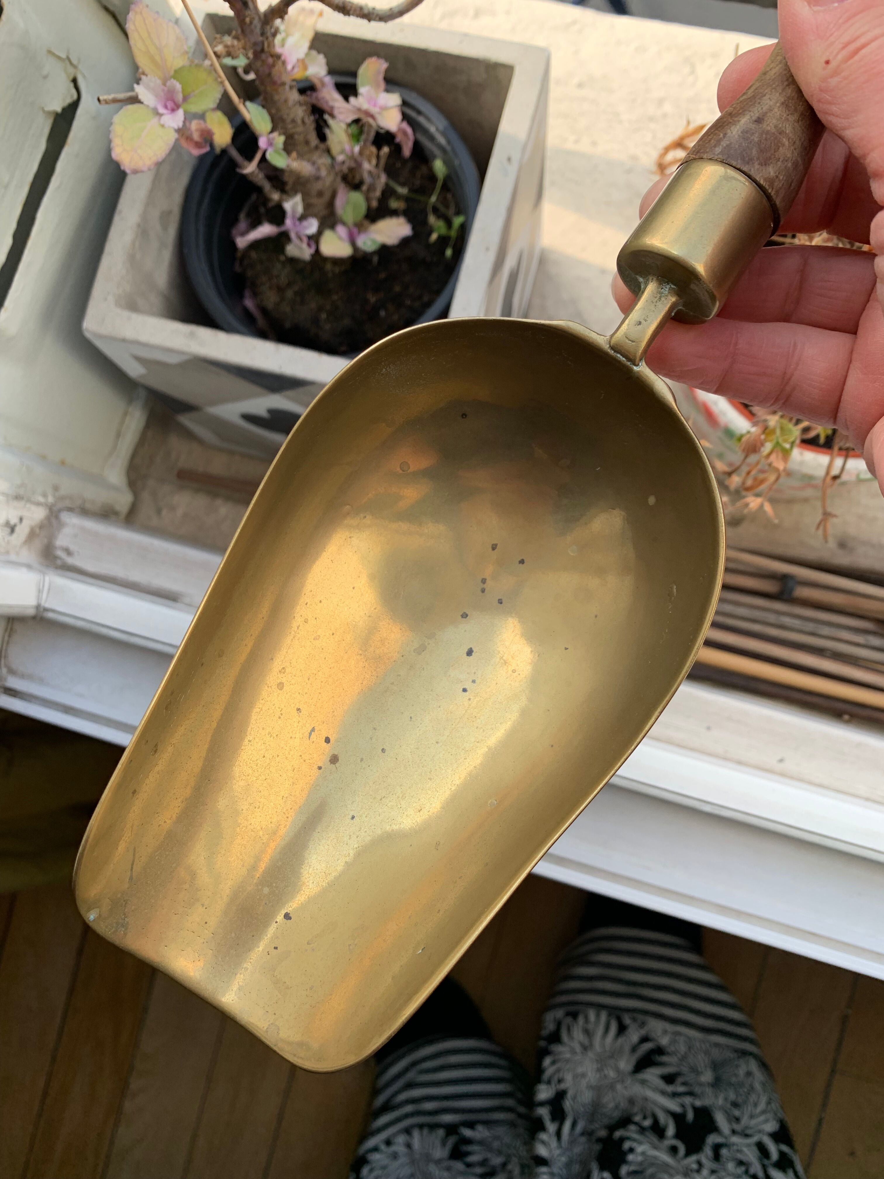 Vintage brass shovel & its pretty solid wood handle - In its juice!