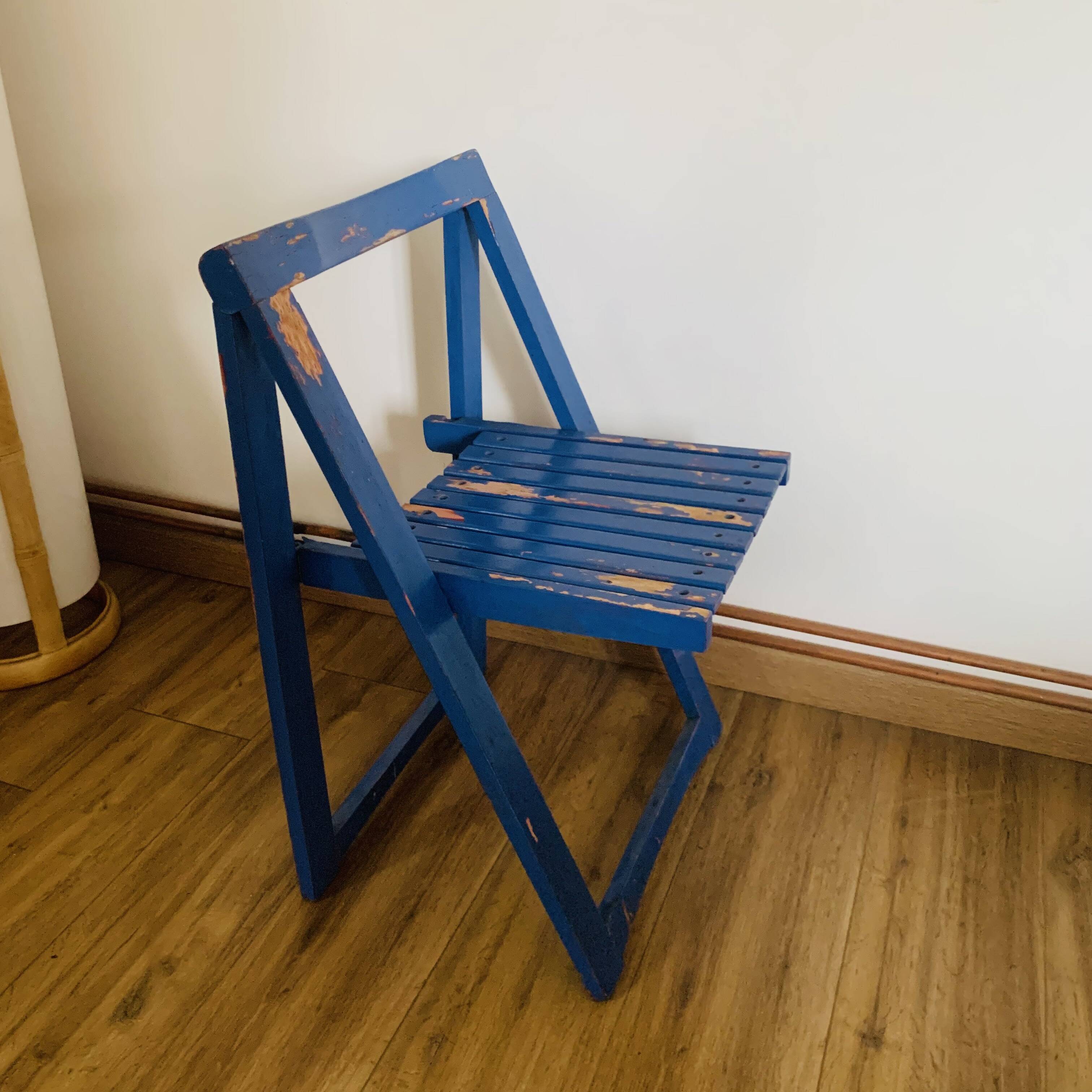 Folding chair in blue painted wood, Italy 1960