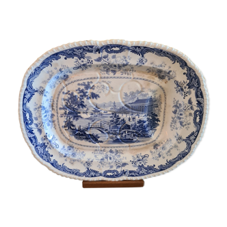 Plat de service de viande en porcelaine bleue et blanche antique, des années 1830