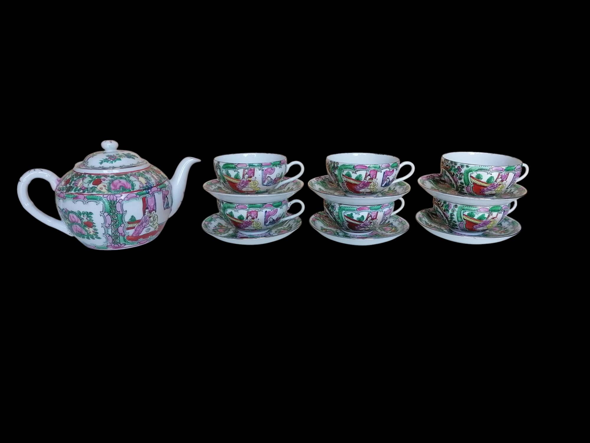 Canton porcelain tea service with 6 cups and teapot.