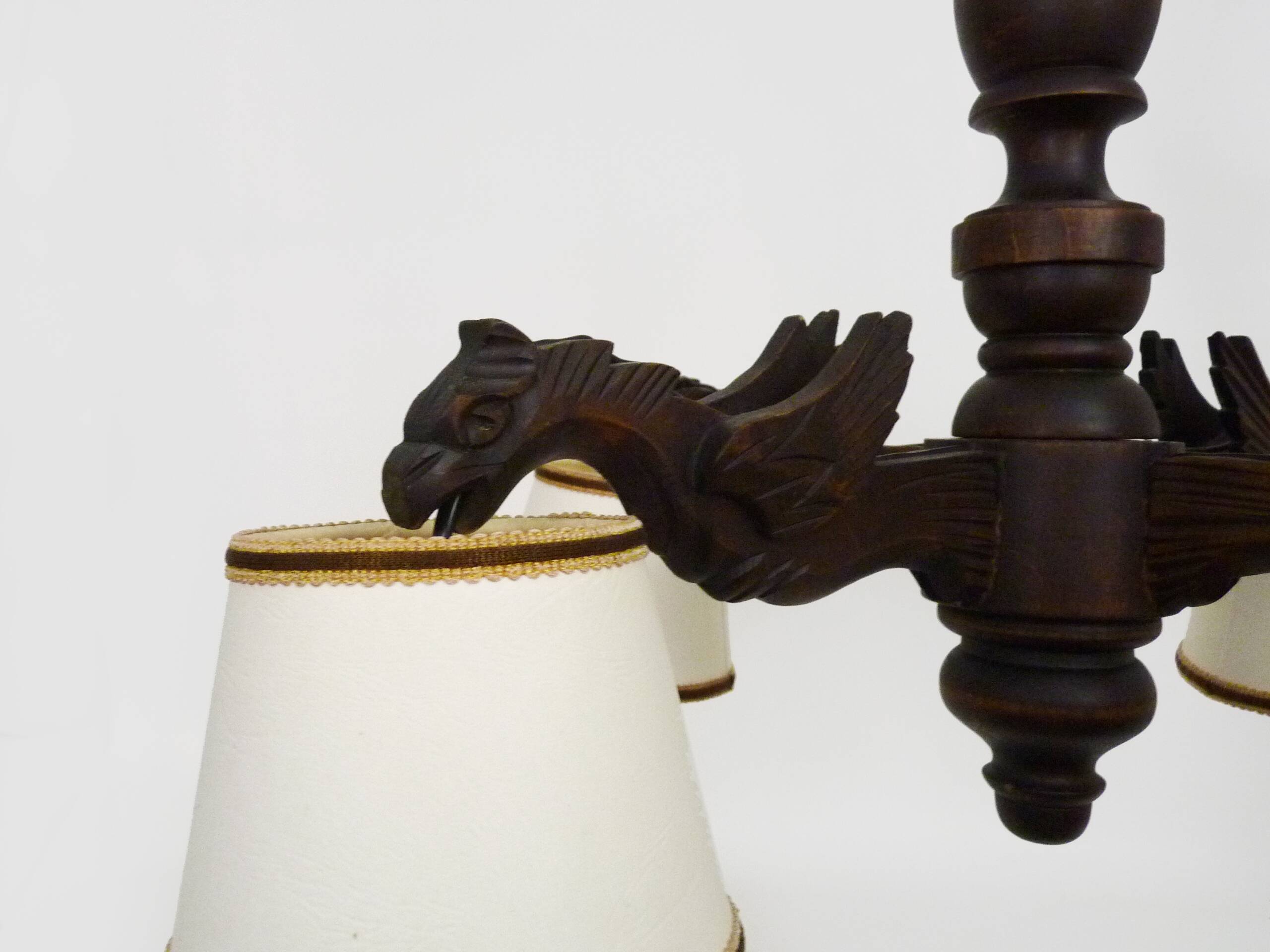 Antique hand-carved wooden dragon chandelier with 4 lights from the 1950s