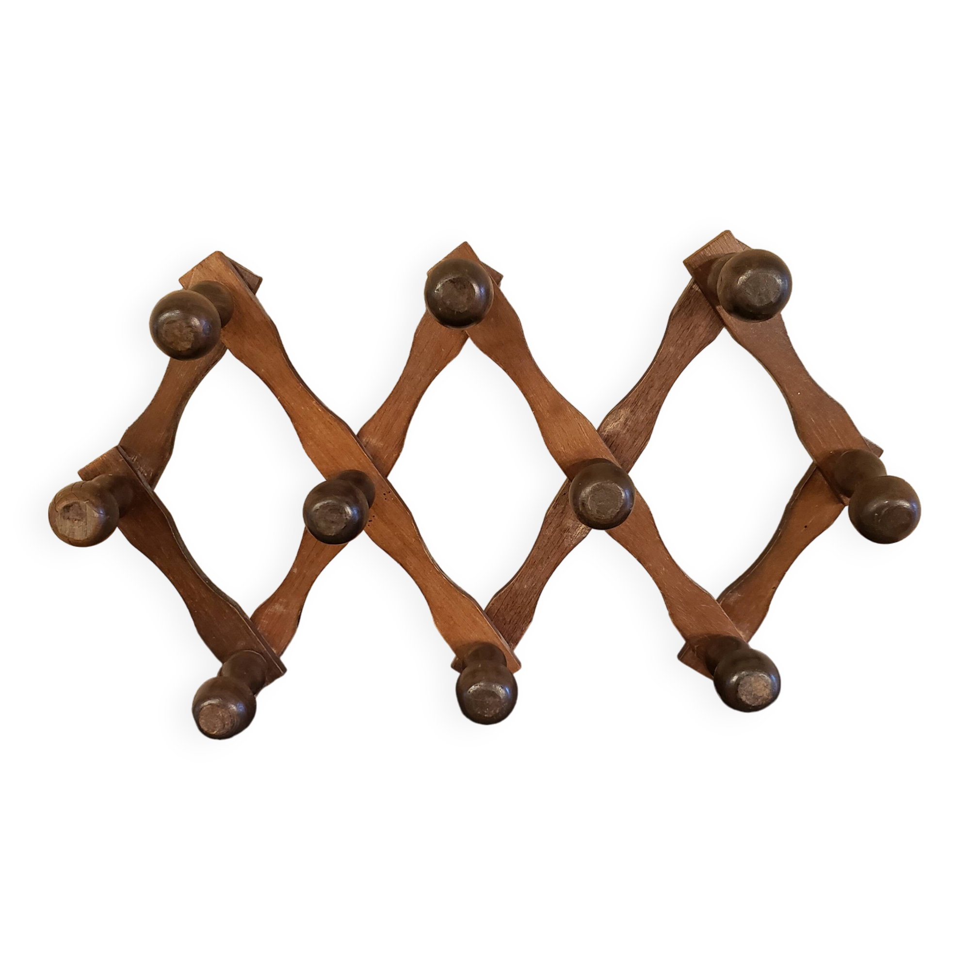 Extendable wooden coat rack with 10 old vintage hooks