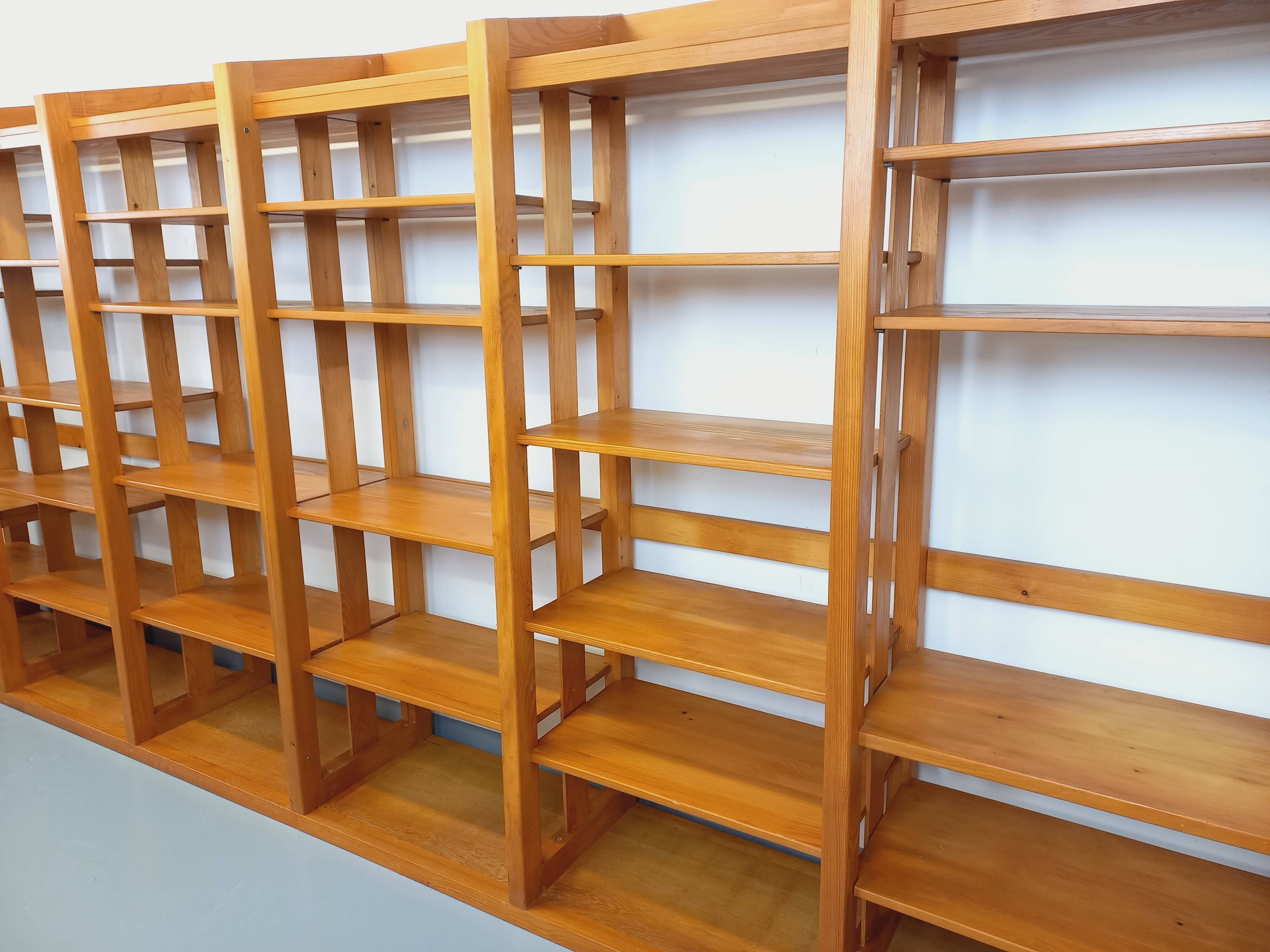 Large modular library of 6 parts with 30 vintage wooden shelves.