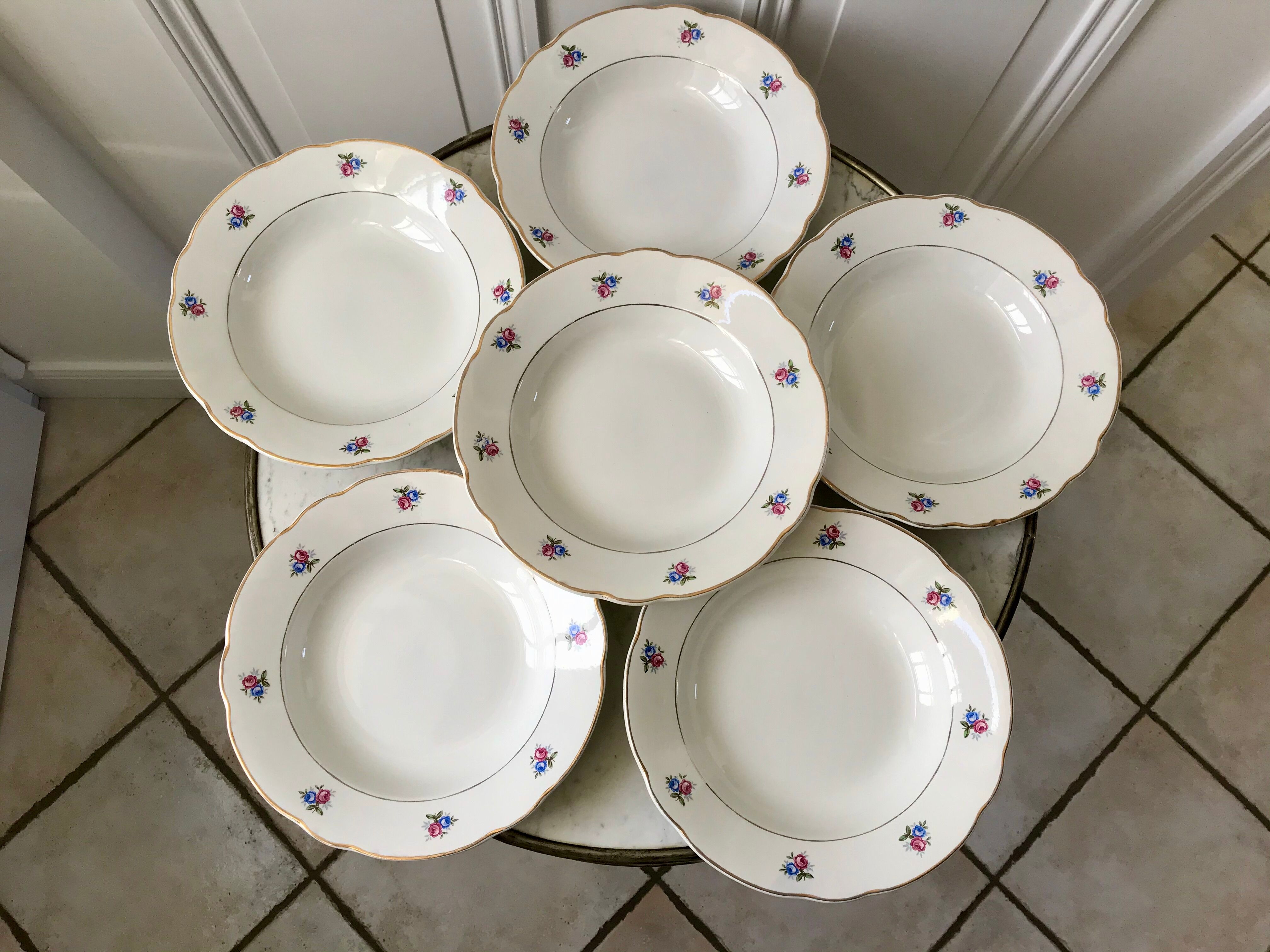 set of 6 hollow plates Digoin Sarreguemines small flowers 50s