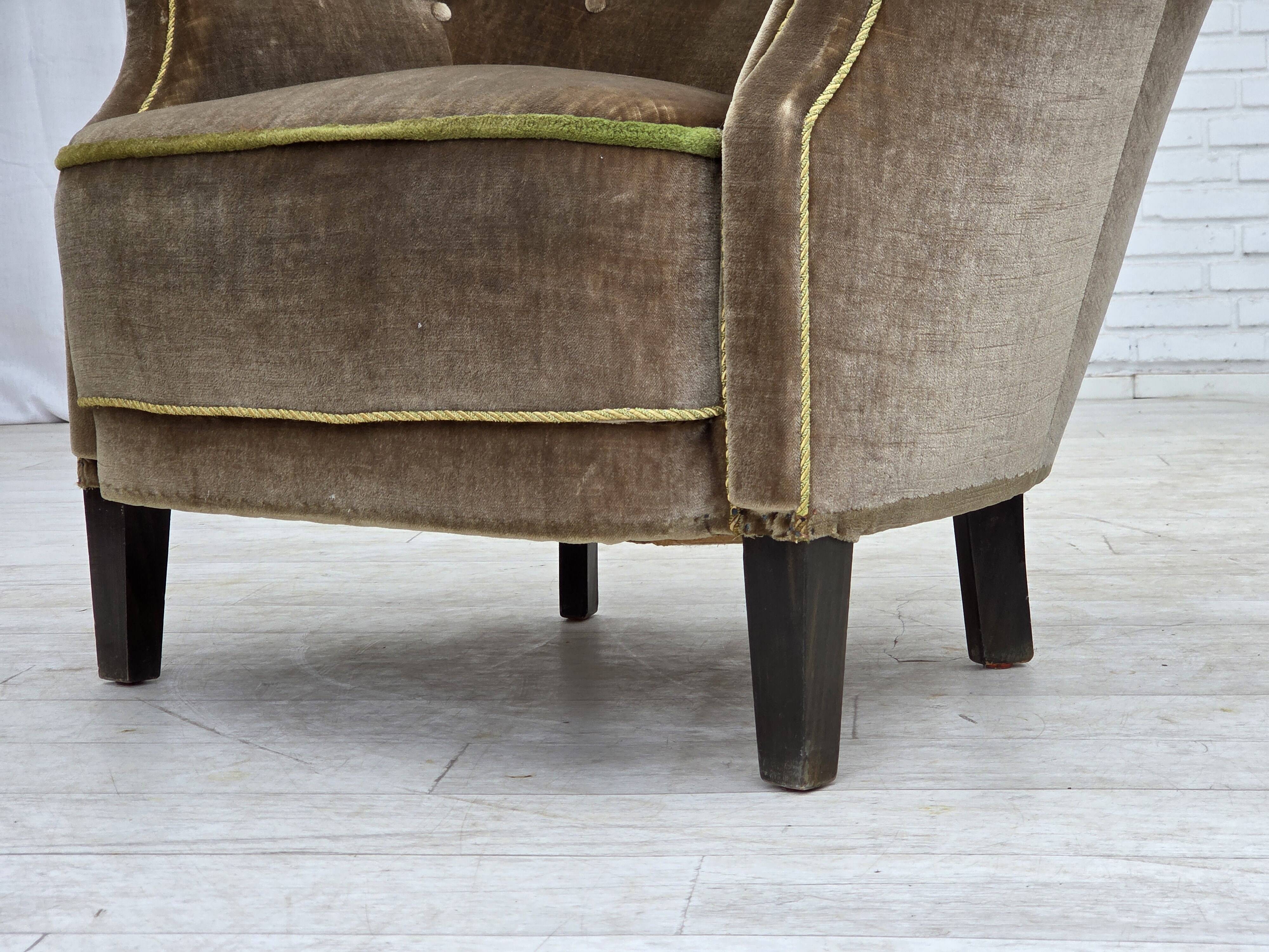 1960s, Danish armchair, original green furniture velour.