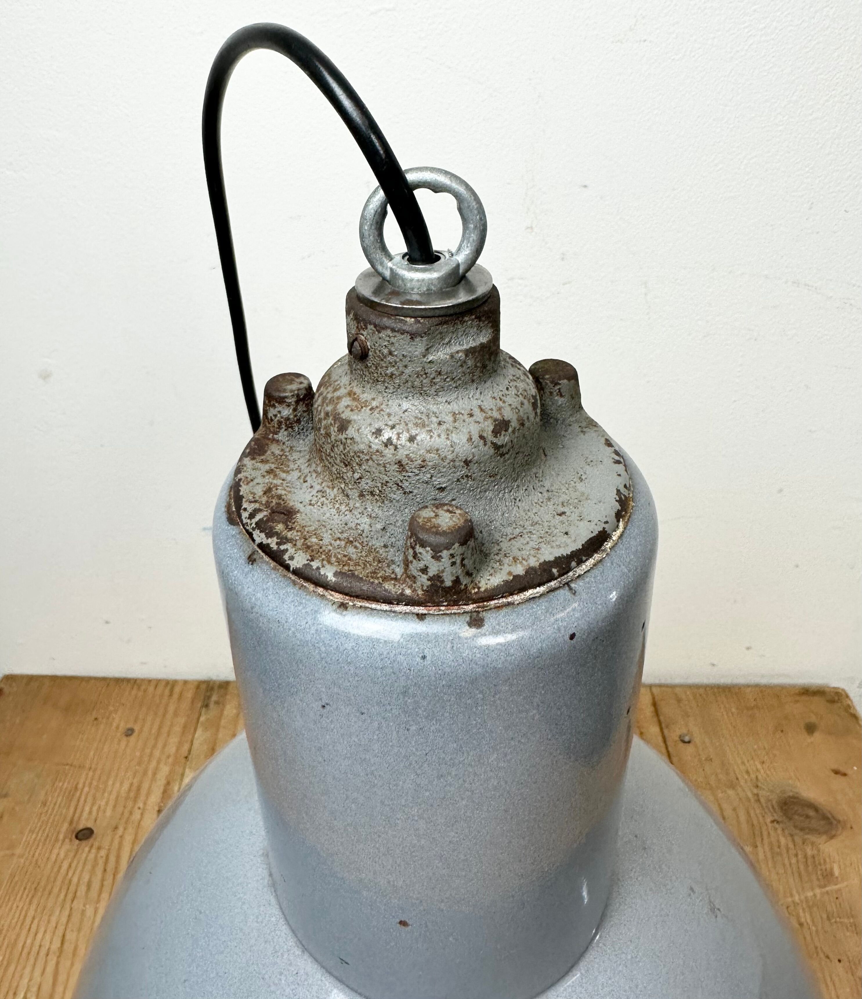 Bauhaus Grey Enamel Industrial Pendant Lamp, 1950s