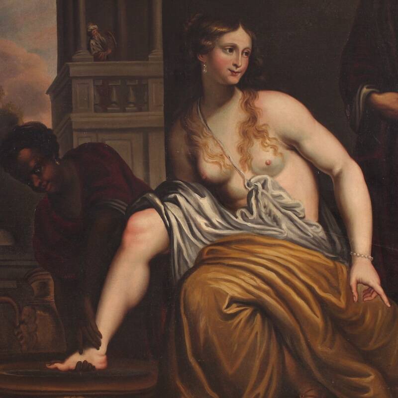 Monumental 18th century Italian painting, Bathsheba at her bath