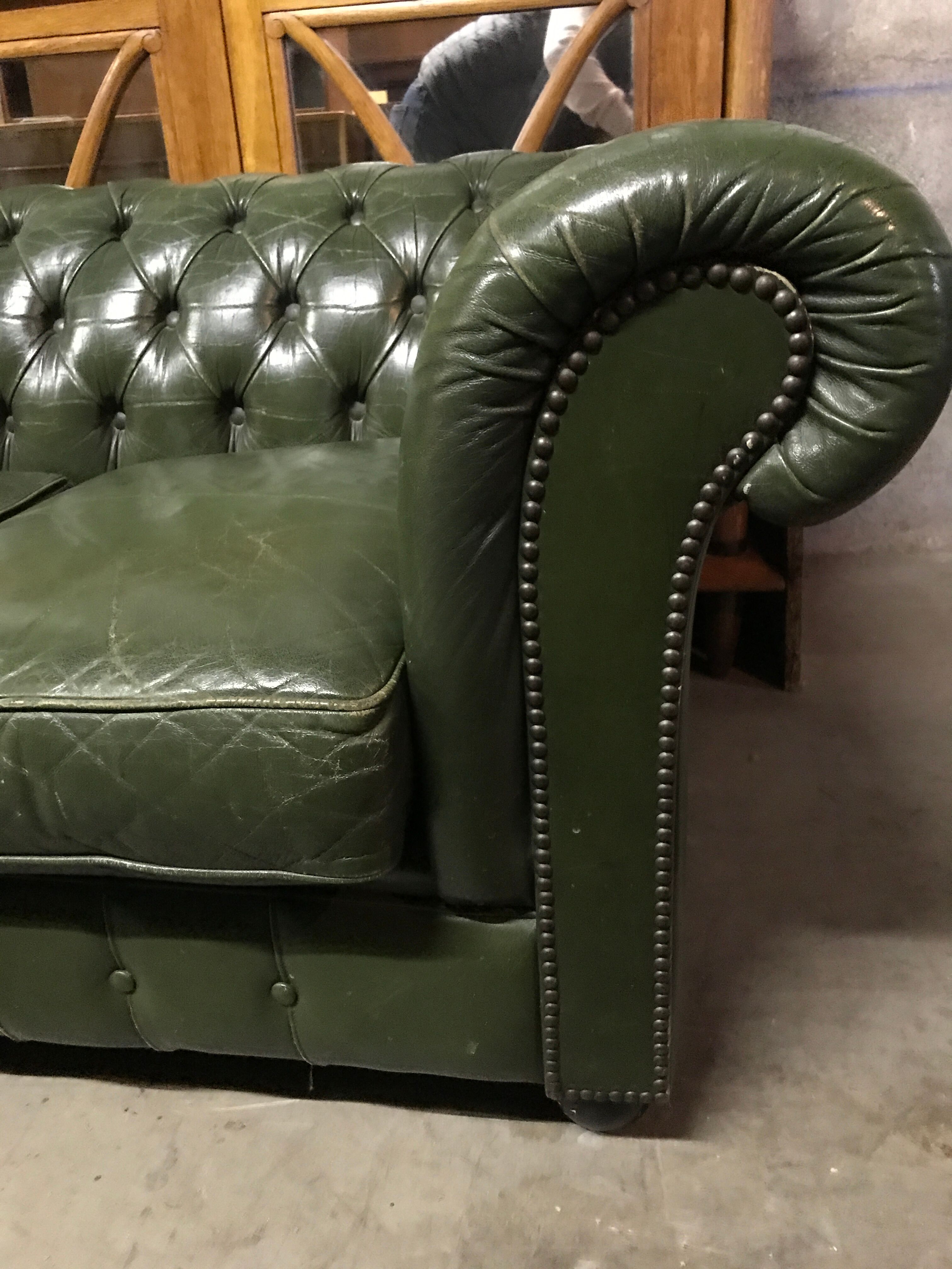 Chesterfield green leather sofa
