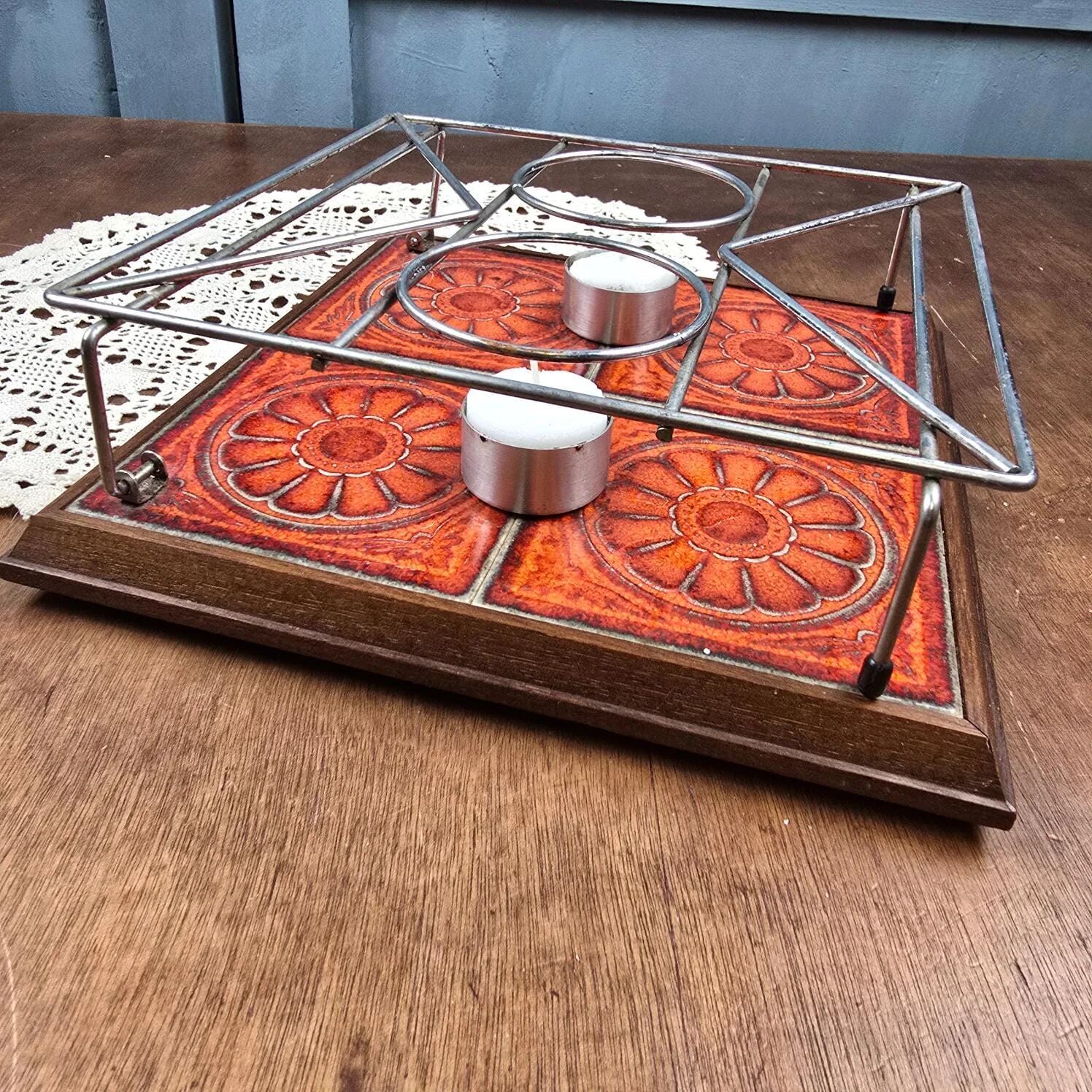 Vintage 1970s candle warmer – Orange ceramic & metal