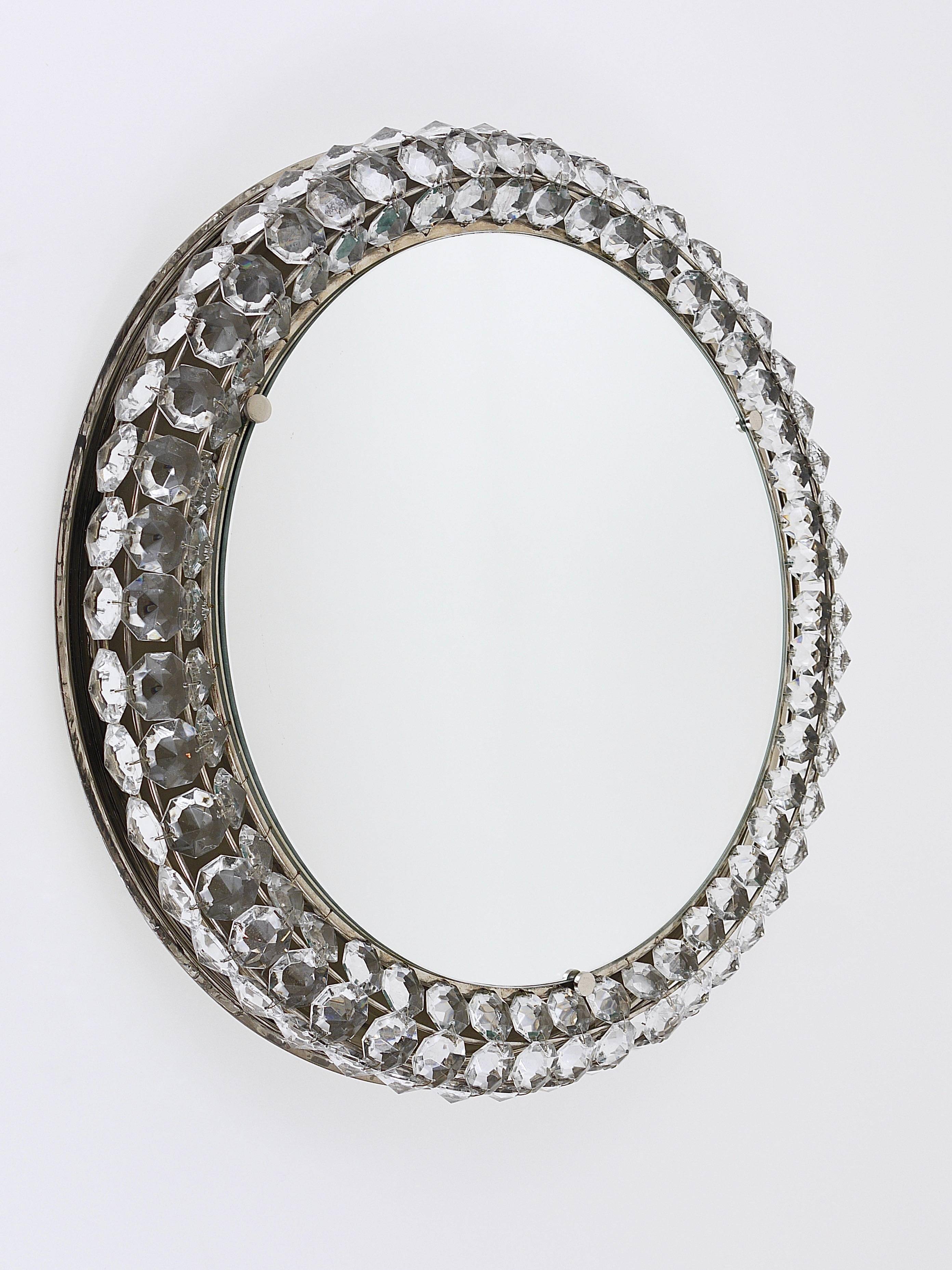 Backlit circular wall mirror Bakalowits Vienna with large crystals, Austria, 1950s