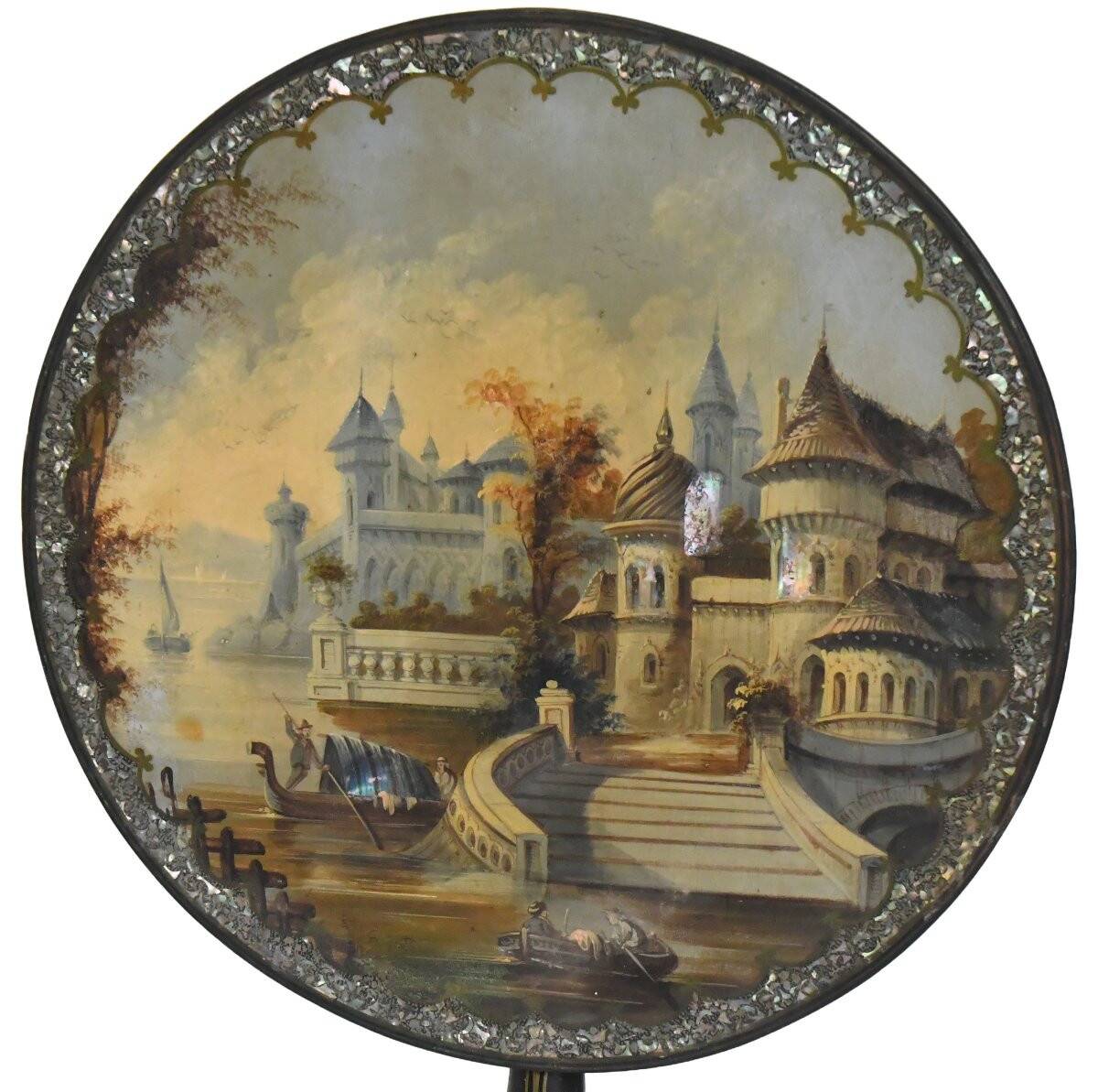 Napoleon III period gueridon in blackened wood with burgauté decoration and painting.