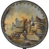 Napoleon III period gueridon in blackened wood with burgauté decoration and painting.