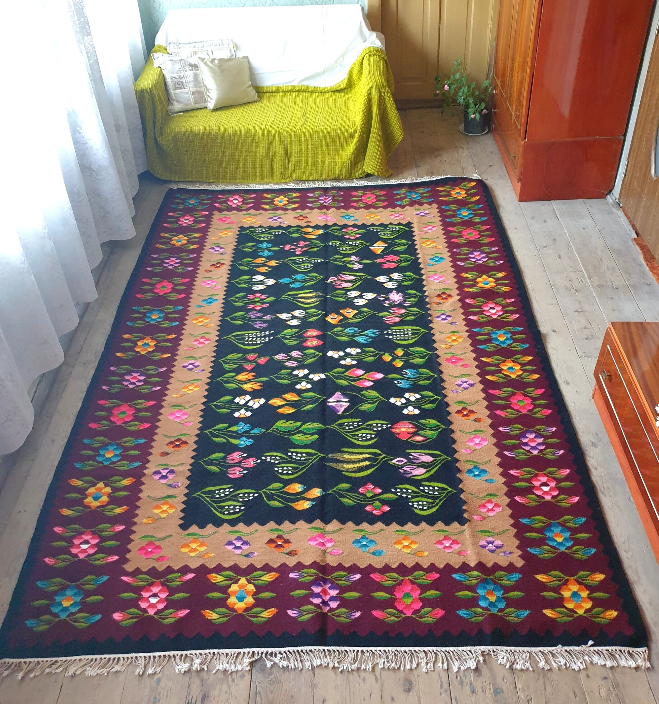 Tapis Oltenian floral, tissé à la main, Roumanie