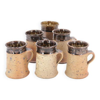 Six stoneware mugs by Pierre Digan, La Borne, 1960s