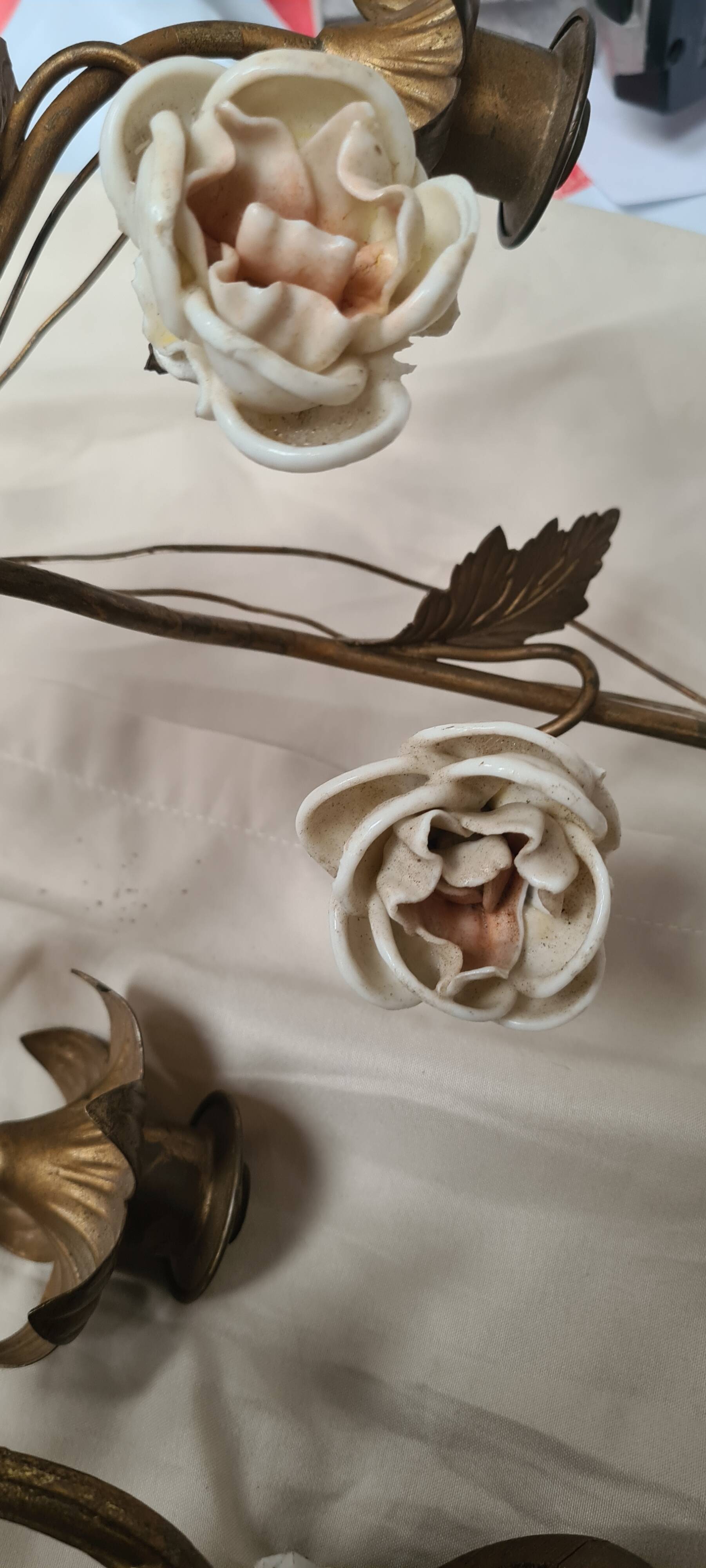 pair of wall lights brass bronze 1900 to 30 pink porcelain 45x28