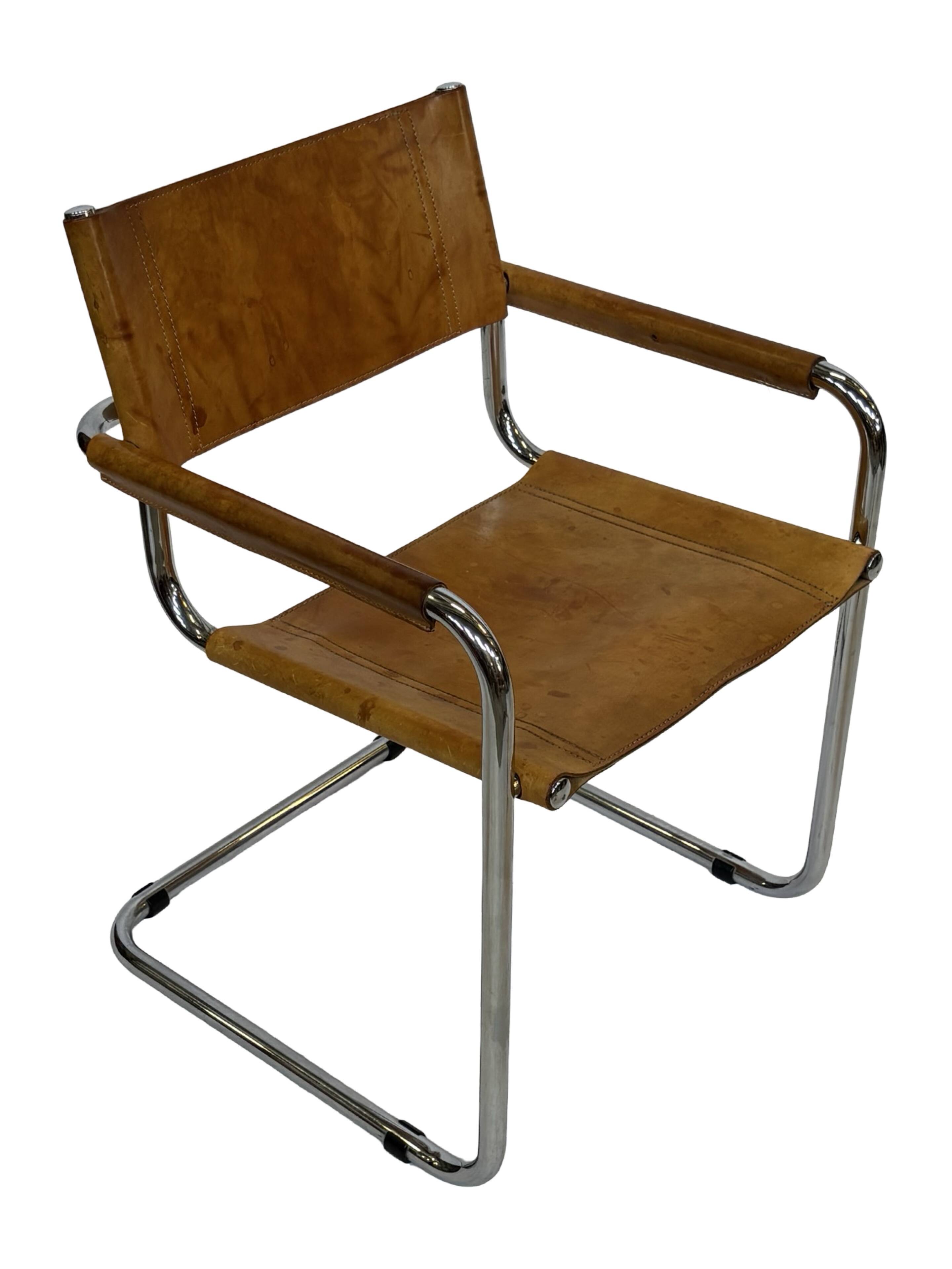 Ensemble de quatre fauteuils de salle à manger FASEM S34 en cuir Cognac par Mart Stam années 80