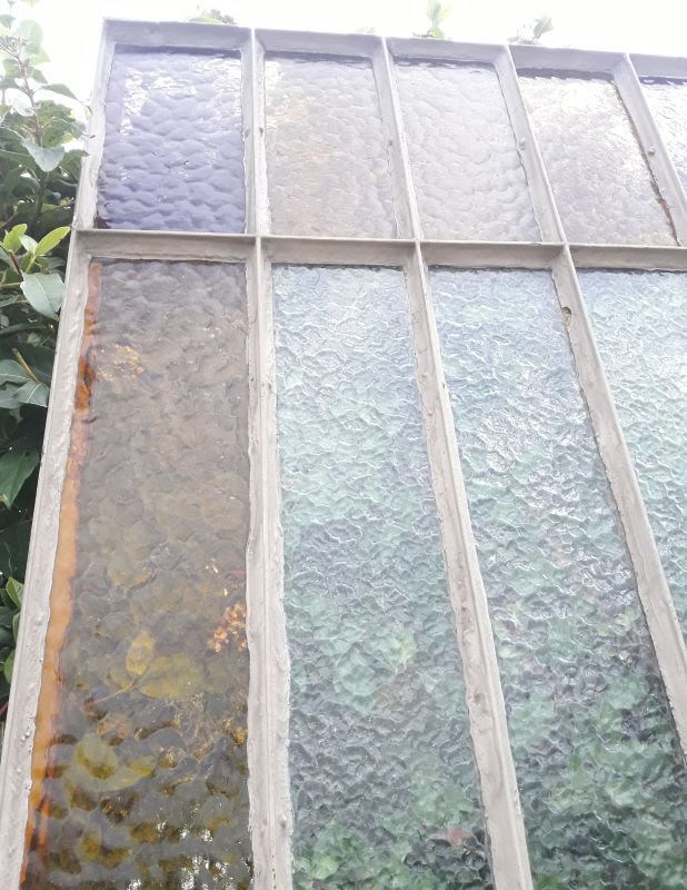 Workshop door 258.4x98.5cm in iron and colored cathedral glass