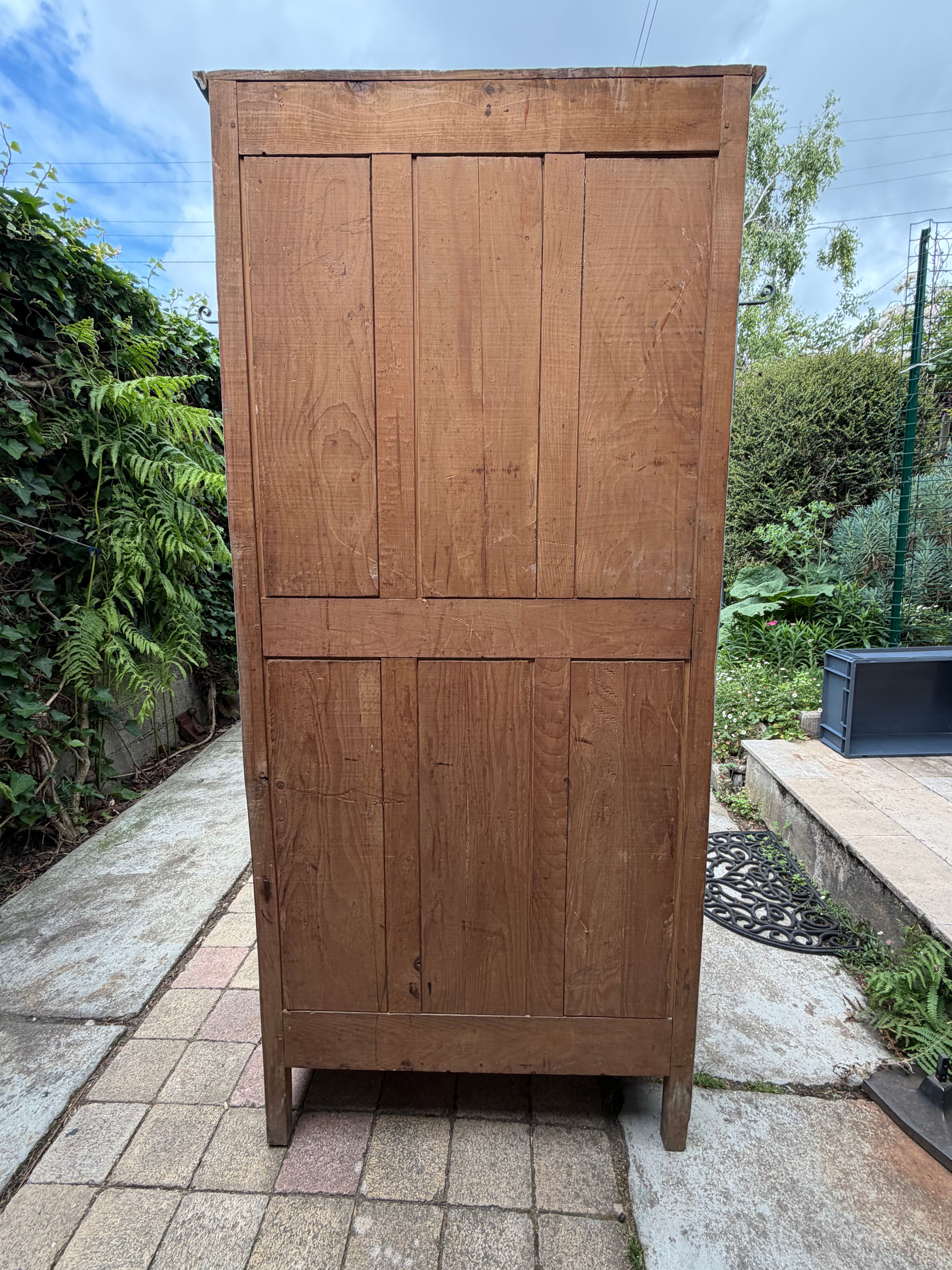 Antique Parisian wardrobe in grey-green solid pine.