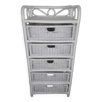 Rare chest of drawers 5 drawers in white bamboo rattan vintage 1970s