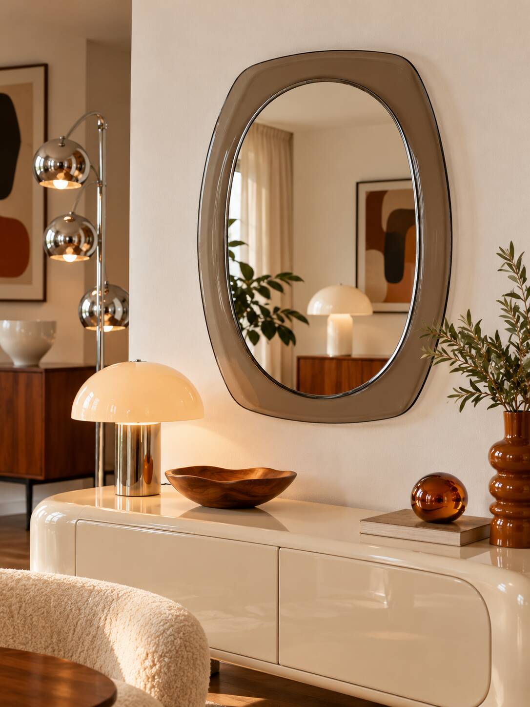 Vintage mirror with smoked glass frame from the 1970s.