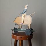 Antique pull toy, metal, hand-painted decoration, clown circus