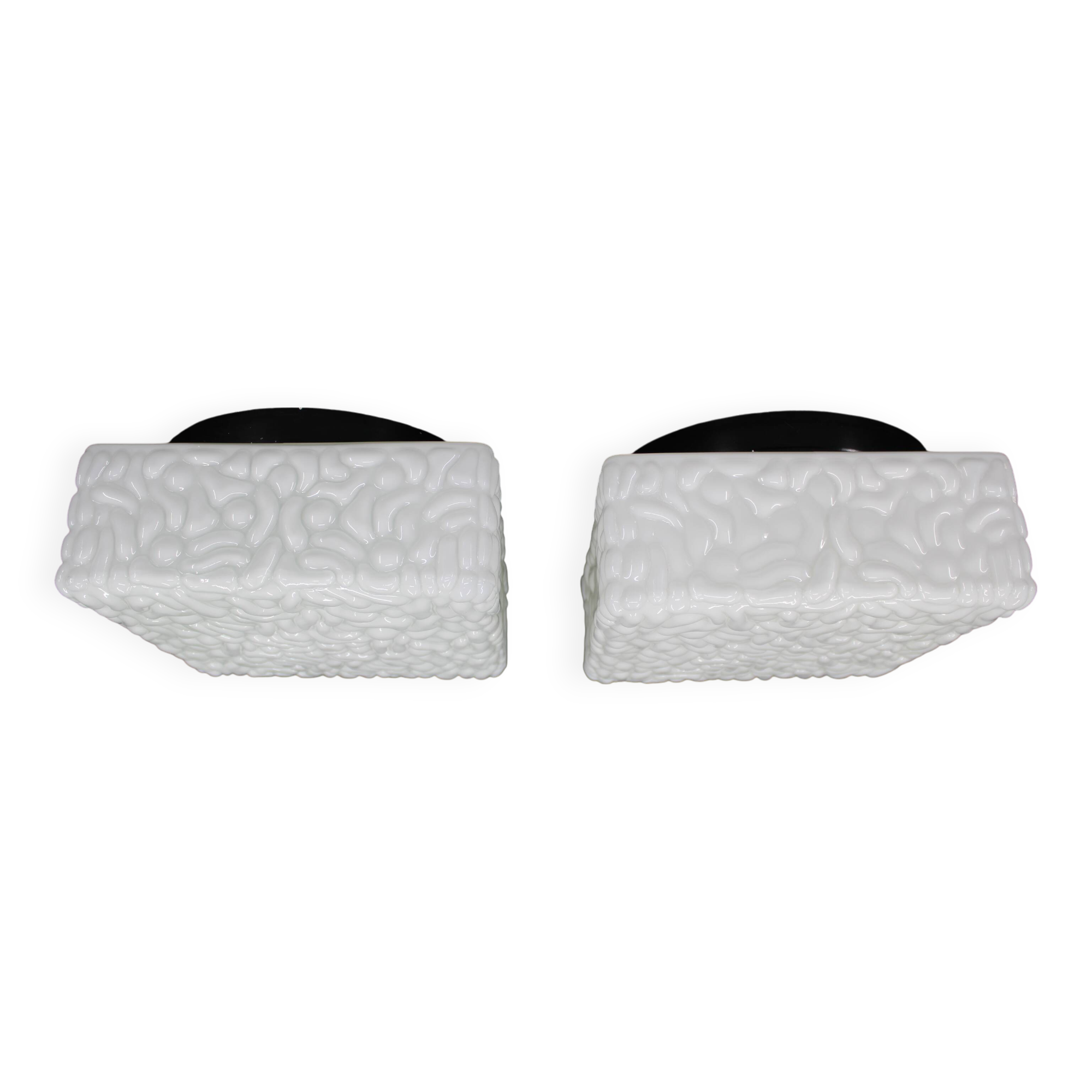 1970s Pair of Milky Glass Square Ceiling Lights, Czechoslovakia
