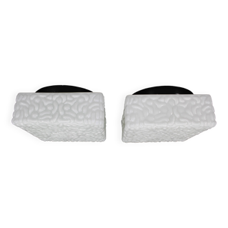 1970s Pair of Milky Glass Square Ceiling Lights, Czechoslovakia